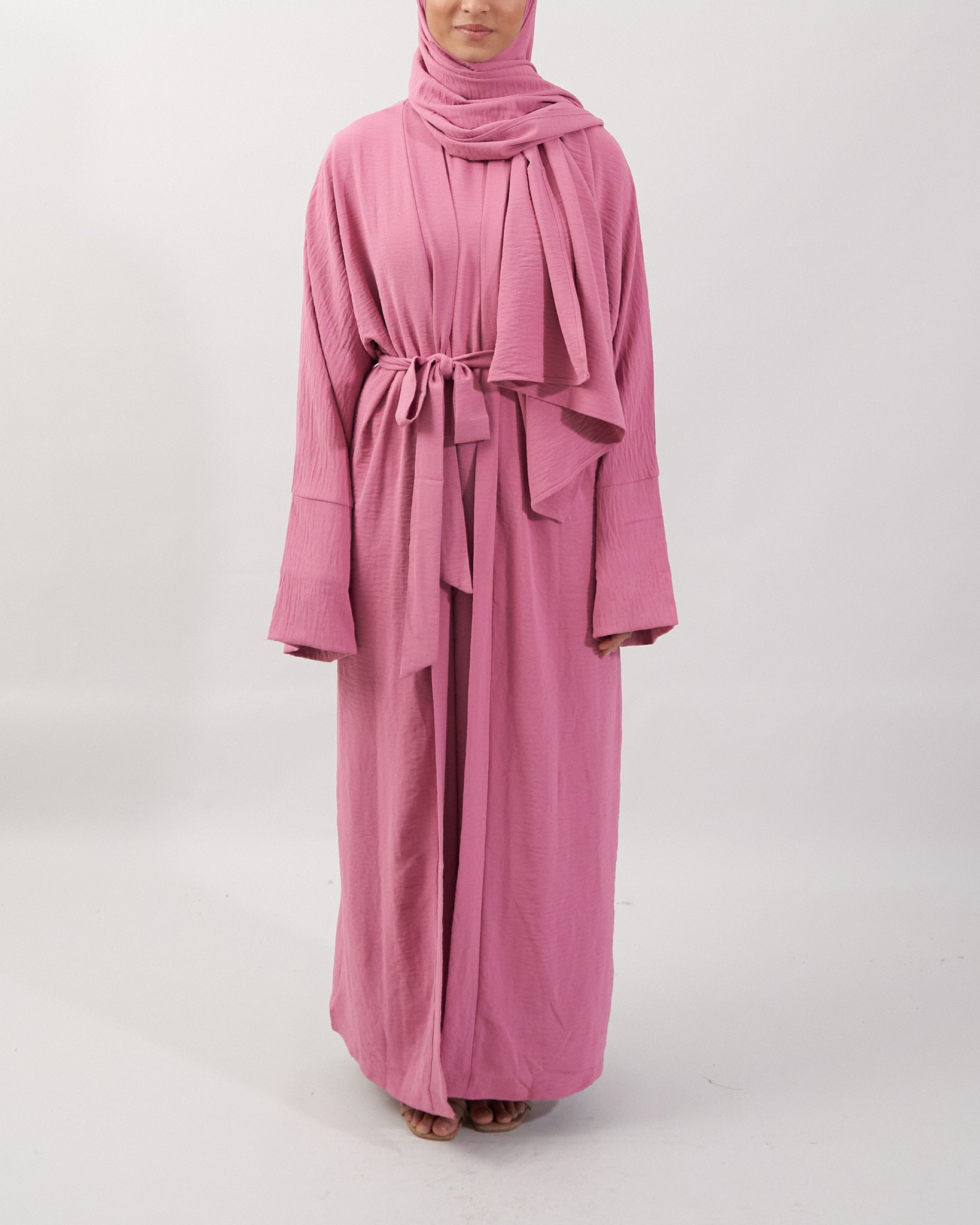 3PC Crinkle Abaya Set - Pink Open Abaya Fajr Noor 