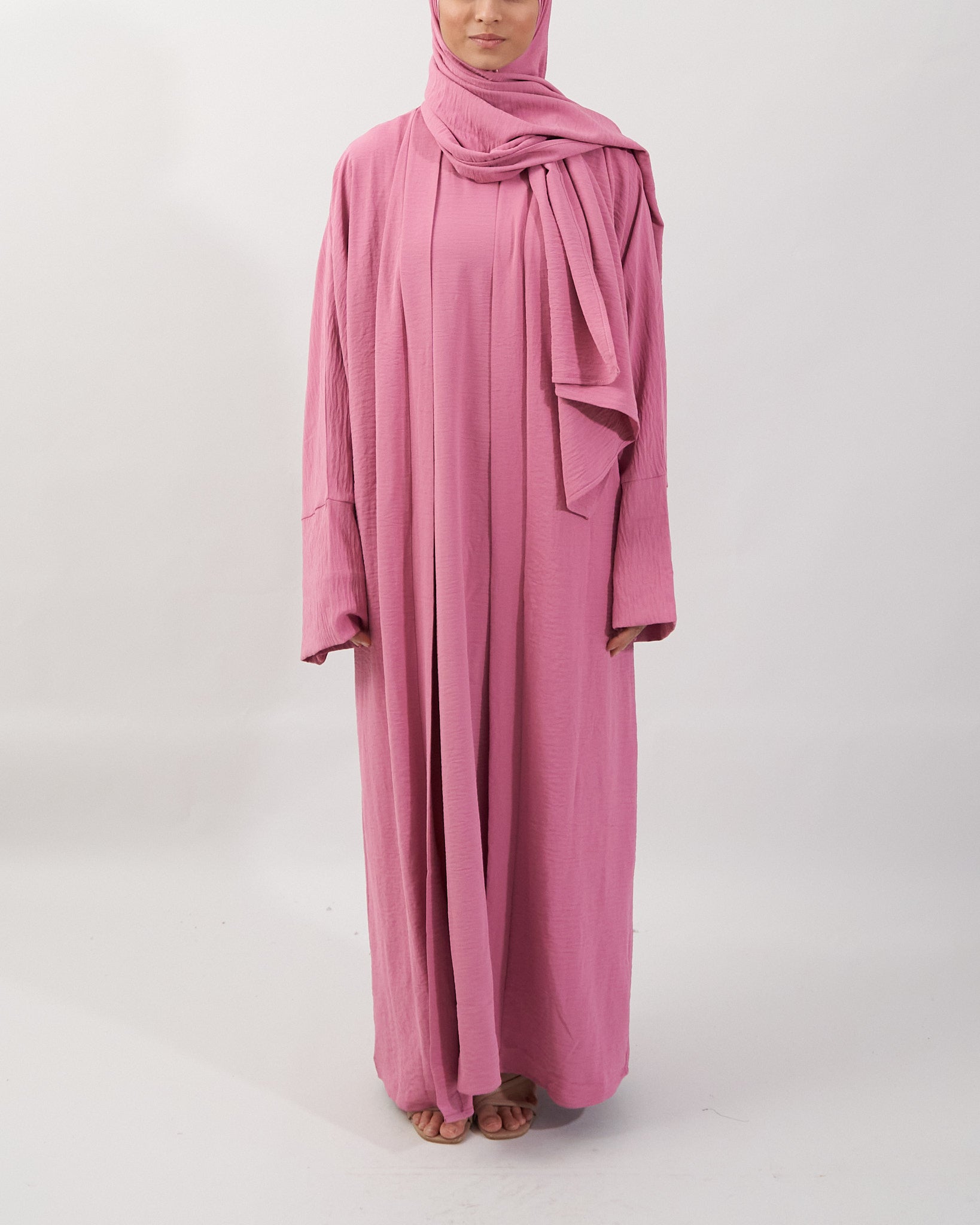 3PC Crinkle Abaya Set - Pink Open Abaya Fajr Noor 