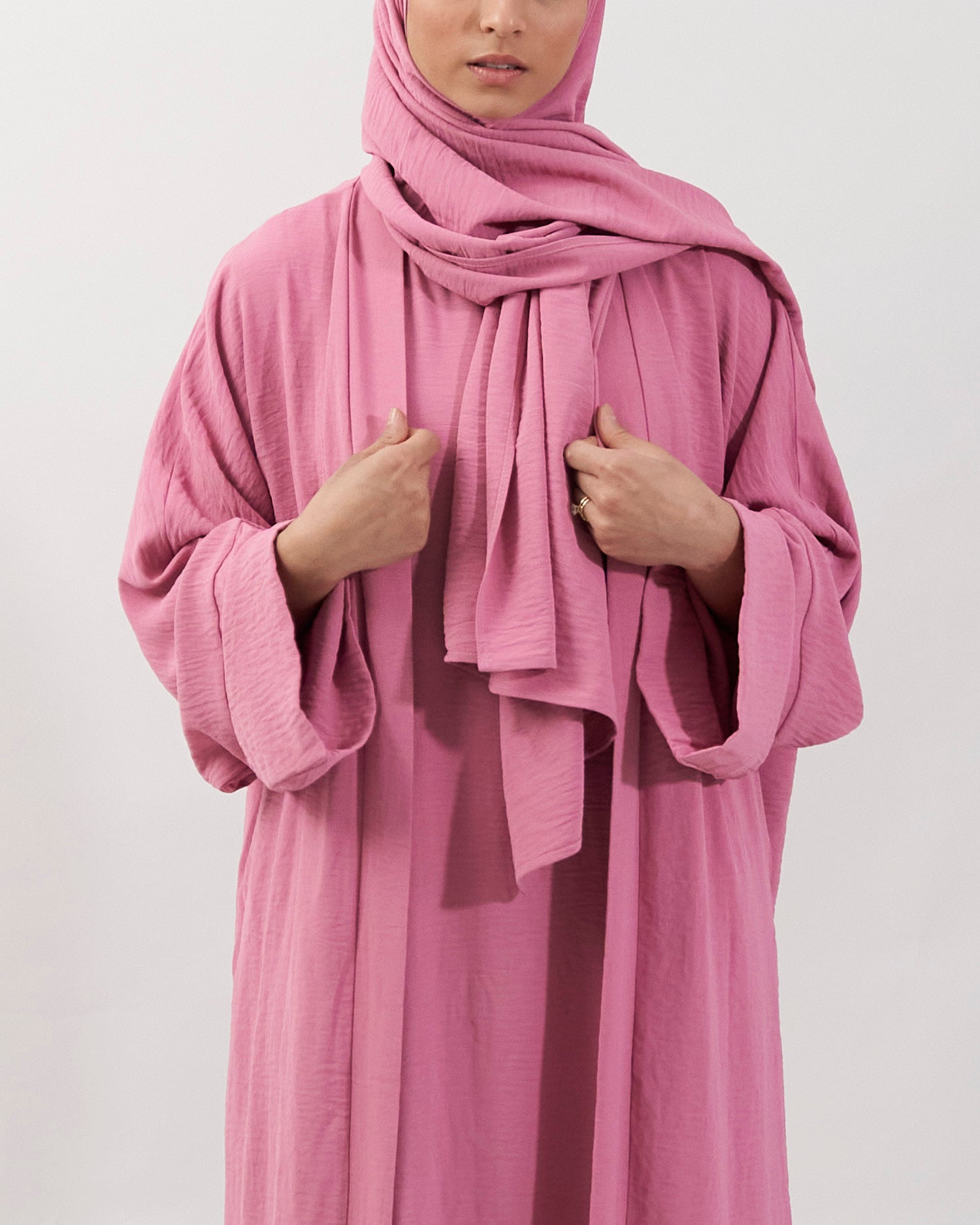 3PC Crinkle Abaya Set - Pink Open Abaya Fajr Noor 