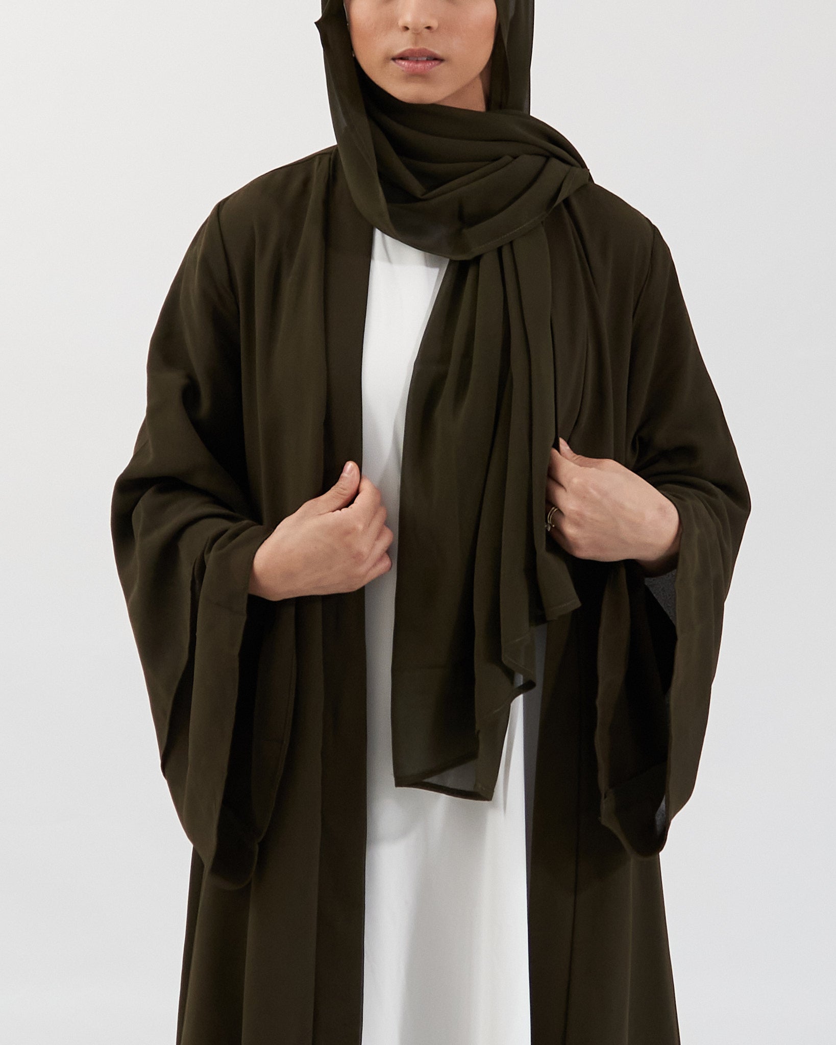 Aisha Abaya with Hijab - Khaki Open Abaya Fajr Noor 