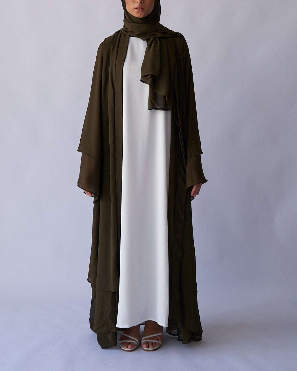 Aisha Abaya + Hijab - Khaki - Open Abaya - Fajr Noor