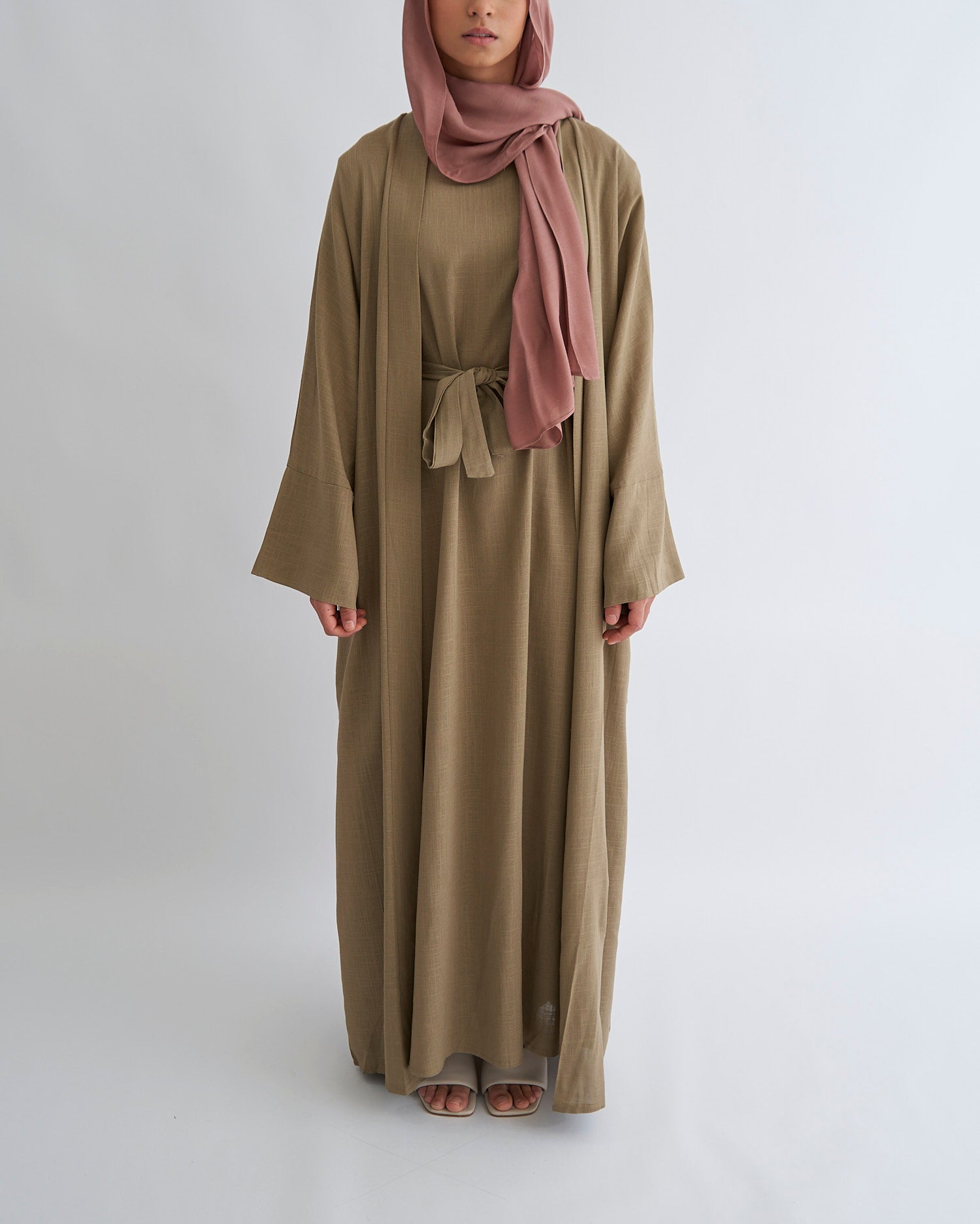 2PC Aya Linen Abaya Set - Moss