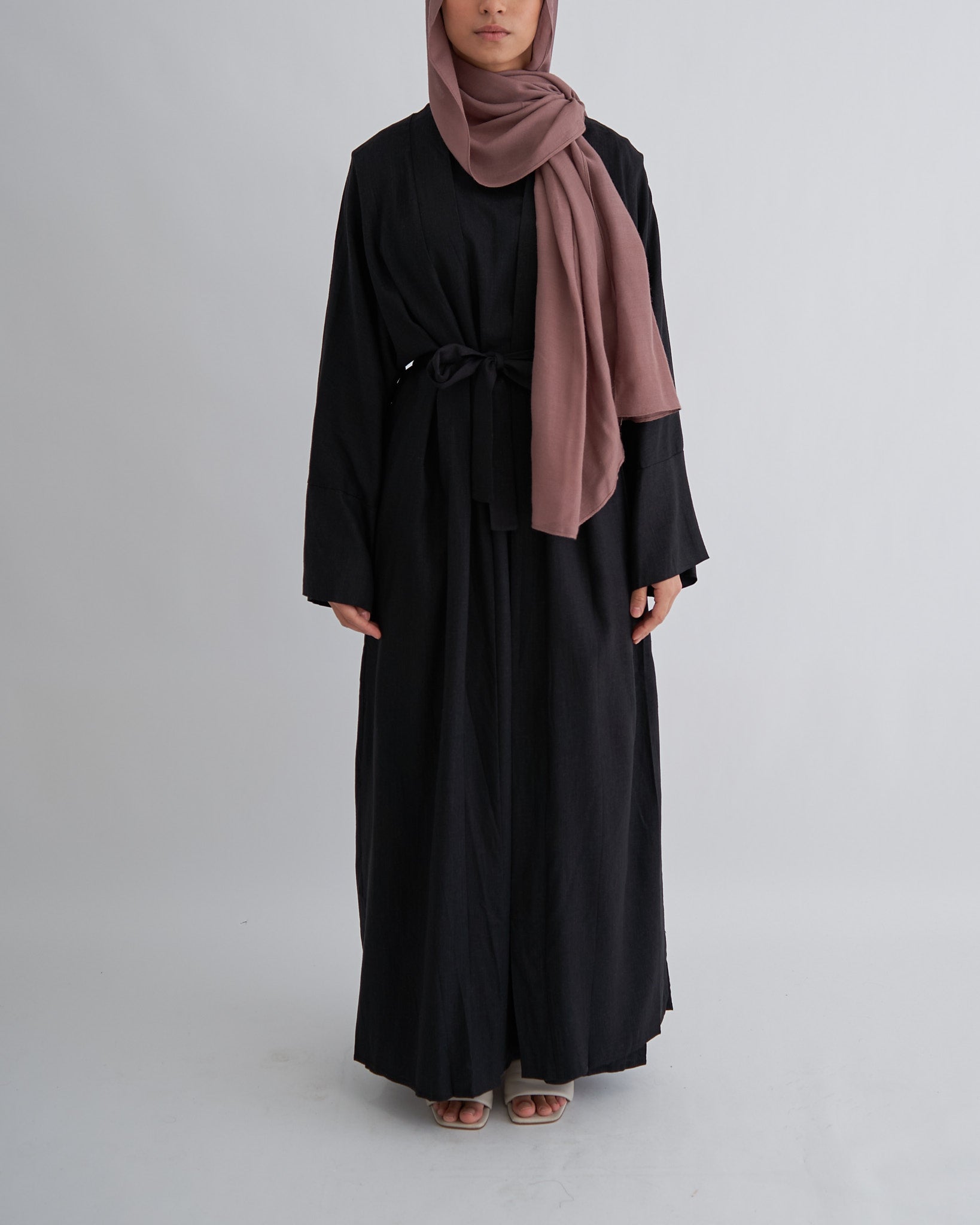 2PC Aya Linen Abaya Set - Black