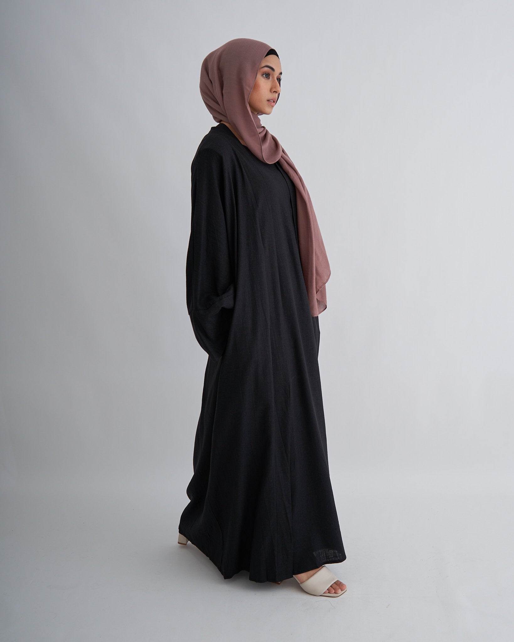 2PC Aya Linen Abaya Set - Black