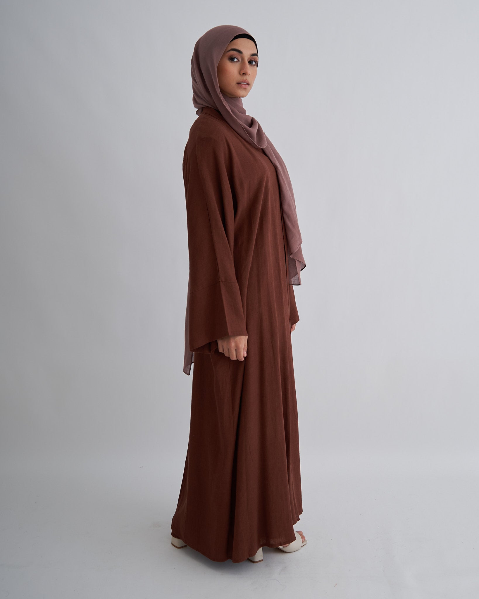 2PC Aya Linen Abaya Set - Coffee