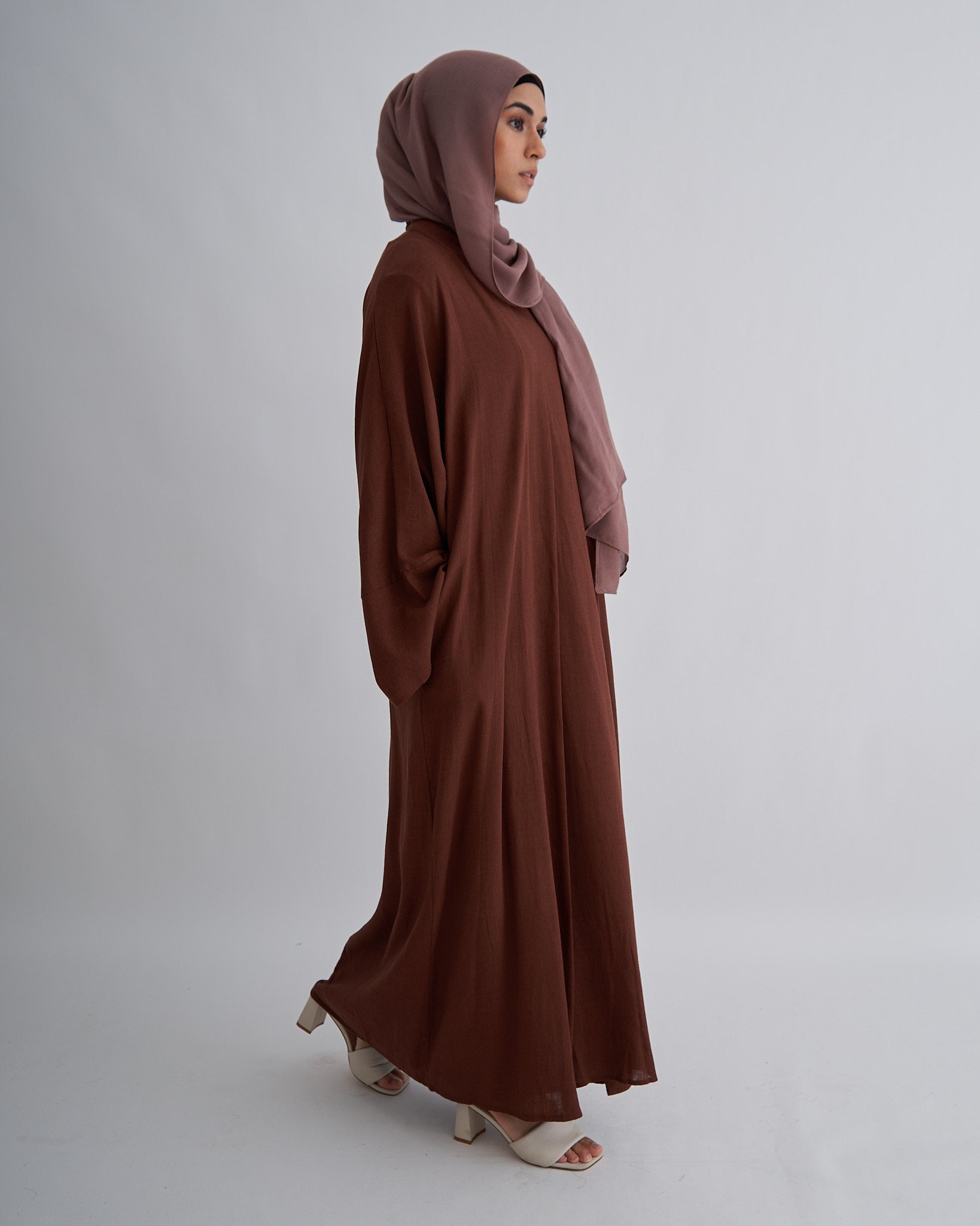 2PC Aya Linen Abaya Set - Coffee