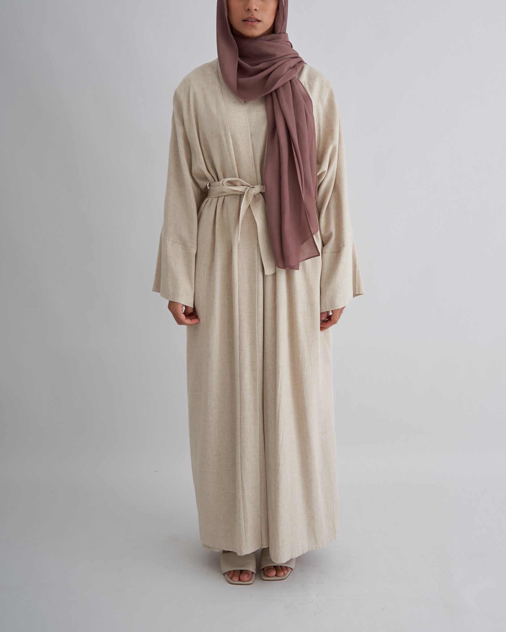 2PC Aya Linen Abaya Set - Sand