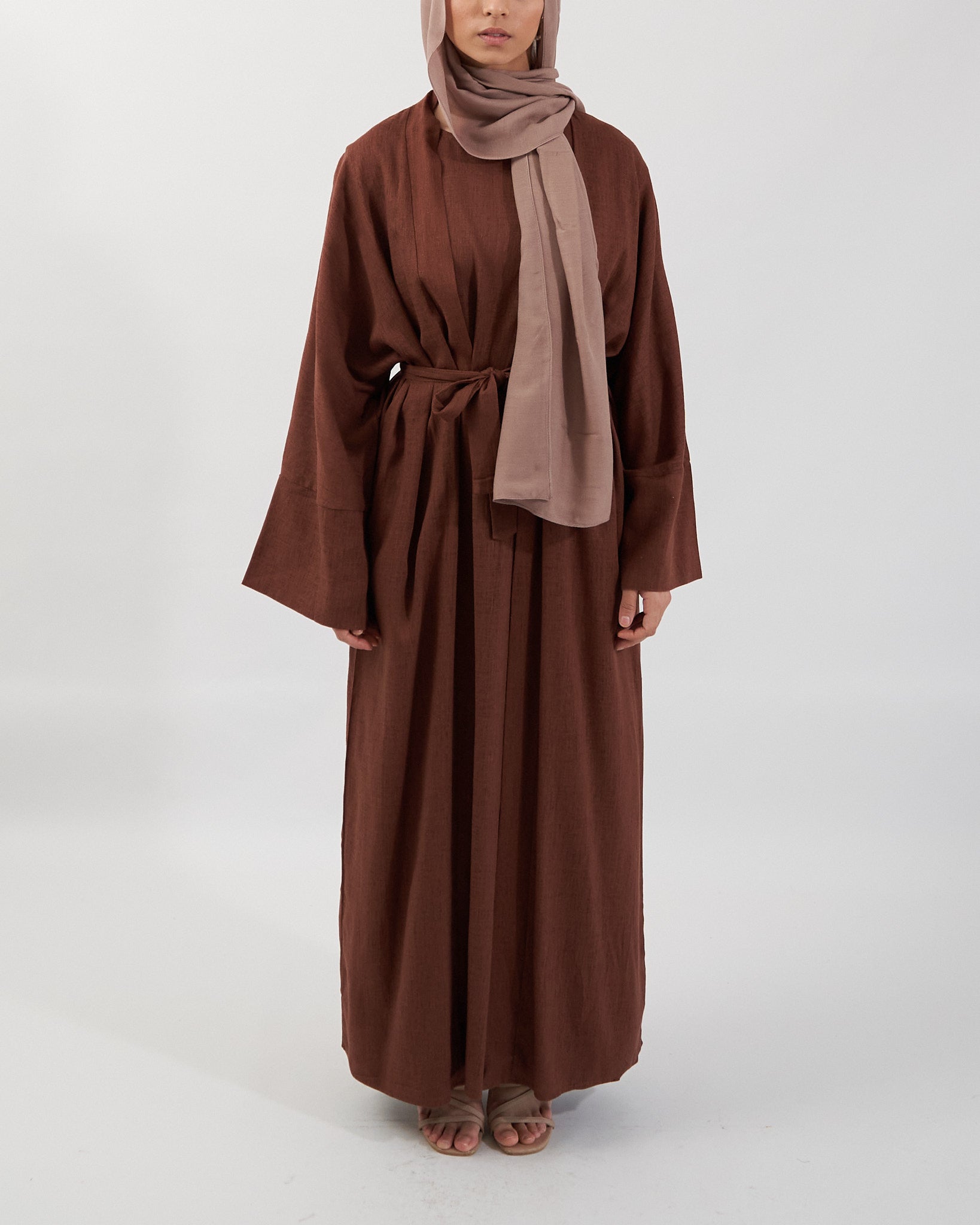 2PC Aya Linen Abaya Set - Coffee Linen Abaya Fajr Noor 