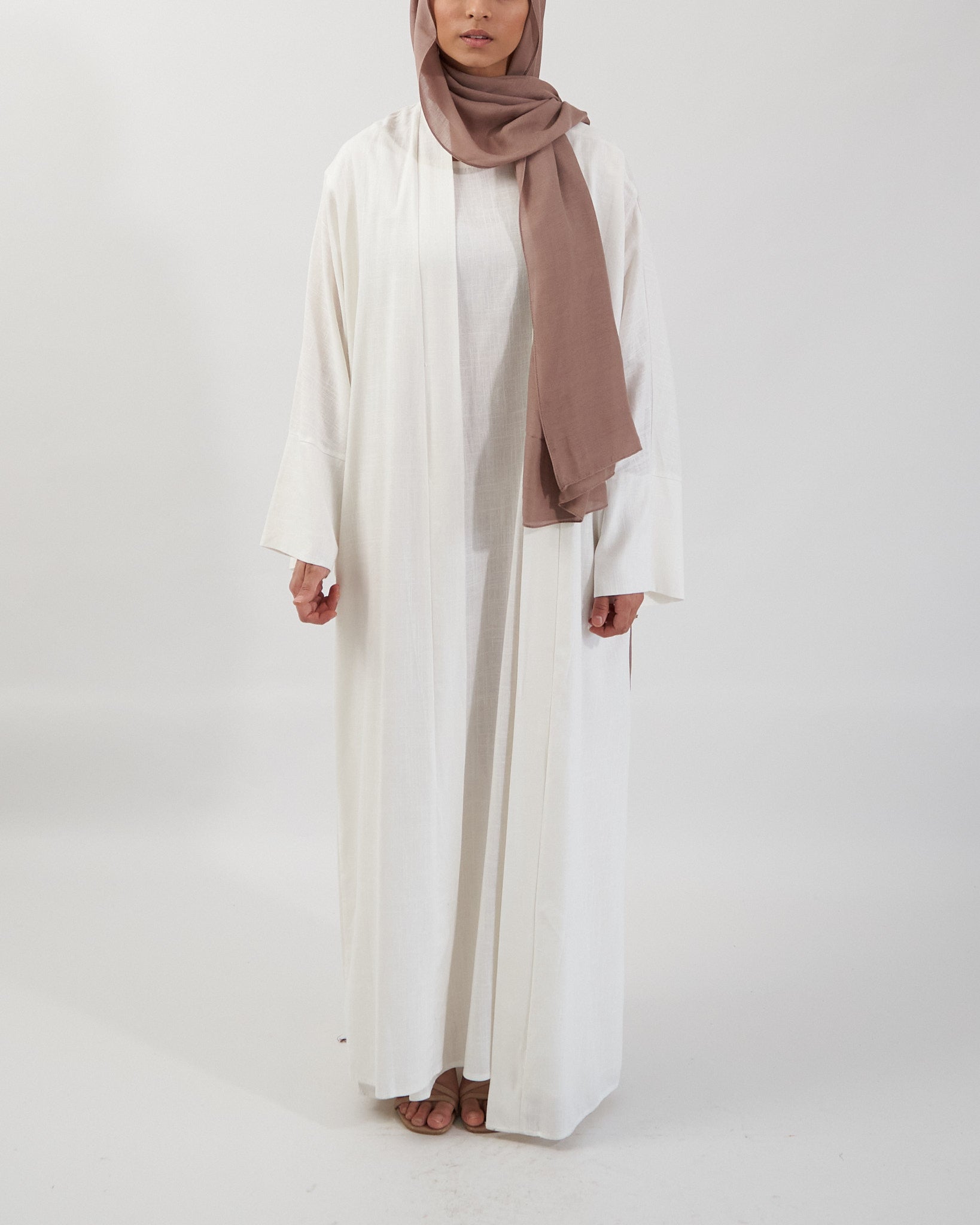 2PC Aya Linen Abaya Set - White Linen Abaya Fajr Noor S