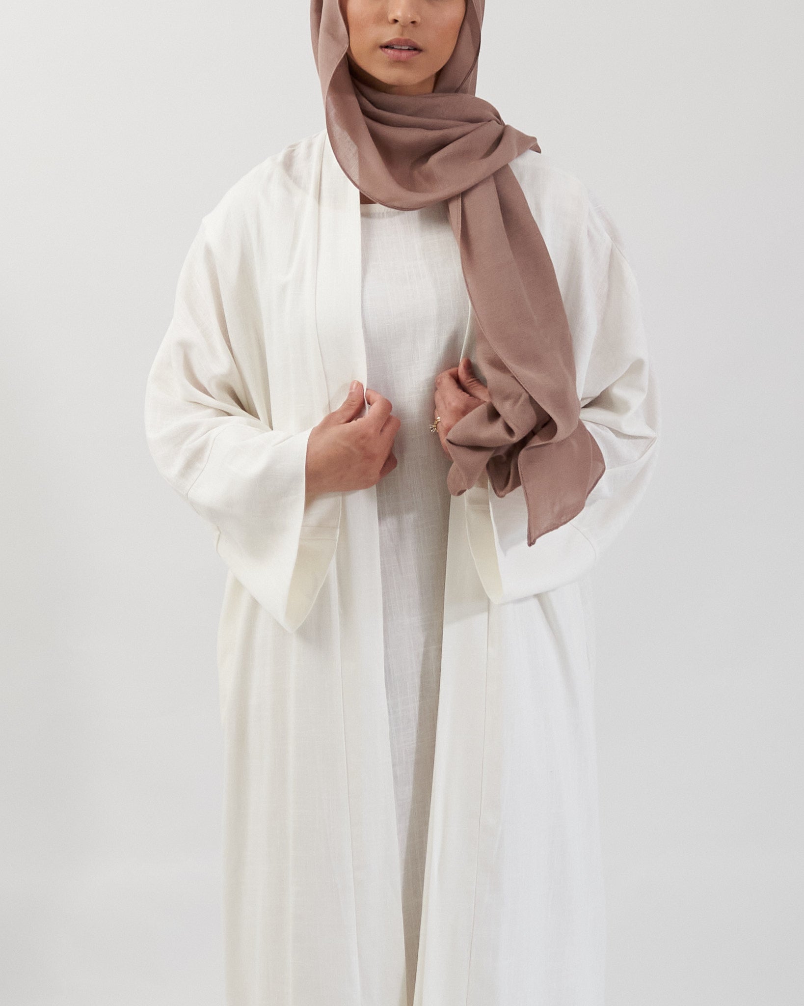 2PC Aya Linen Abaya Set - White Linen Abaya Fajr Noor 