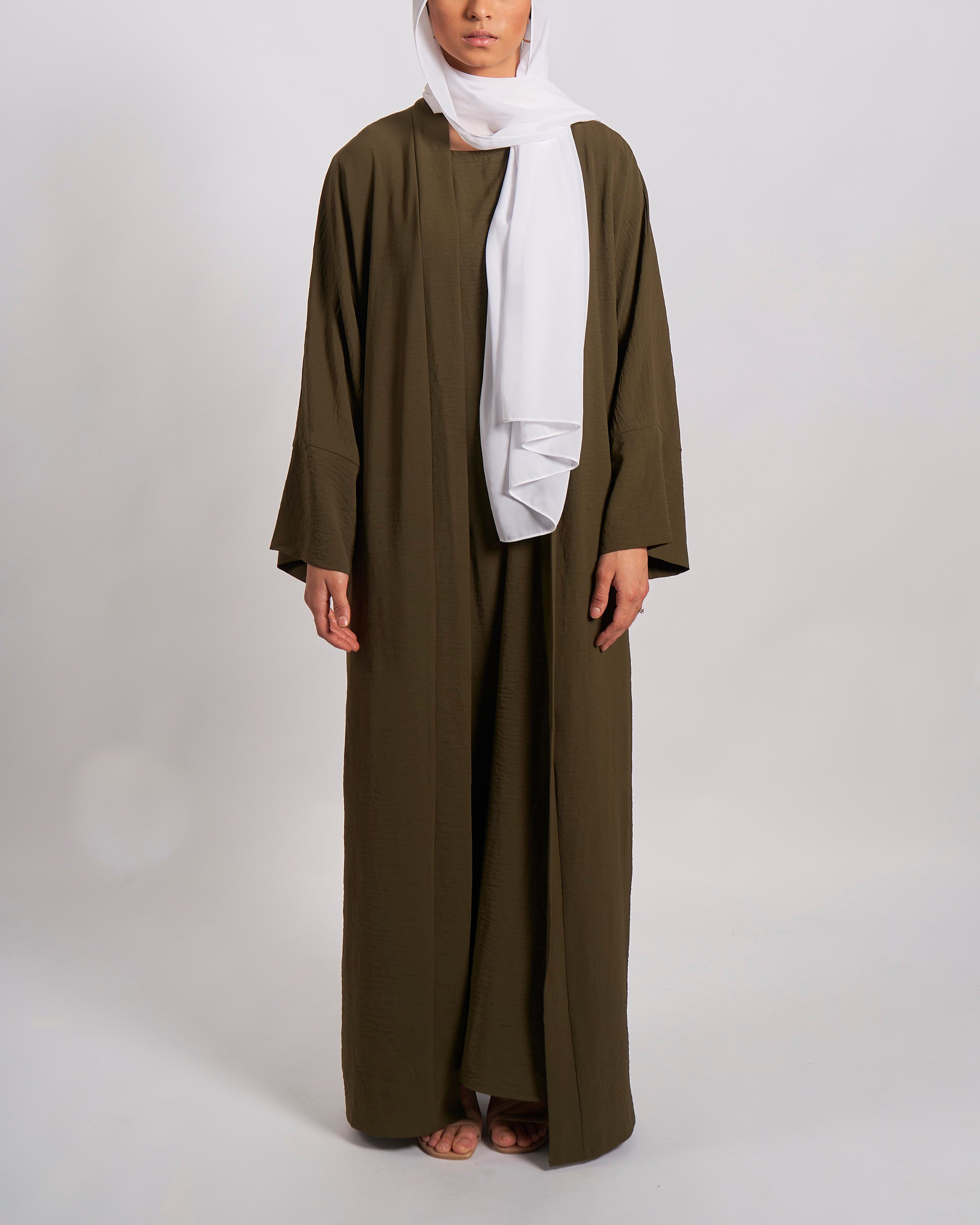 3-teiliges Crinkle-Abaya-Set – Khaki