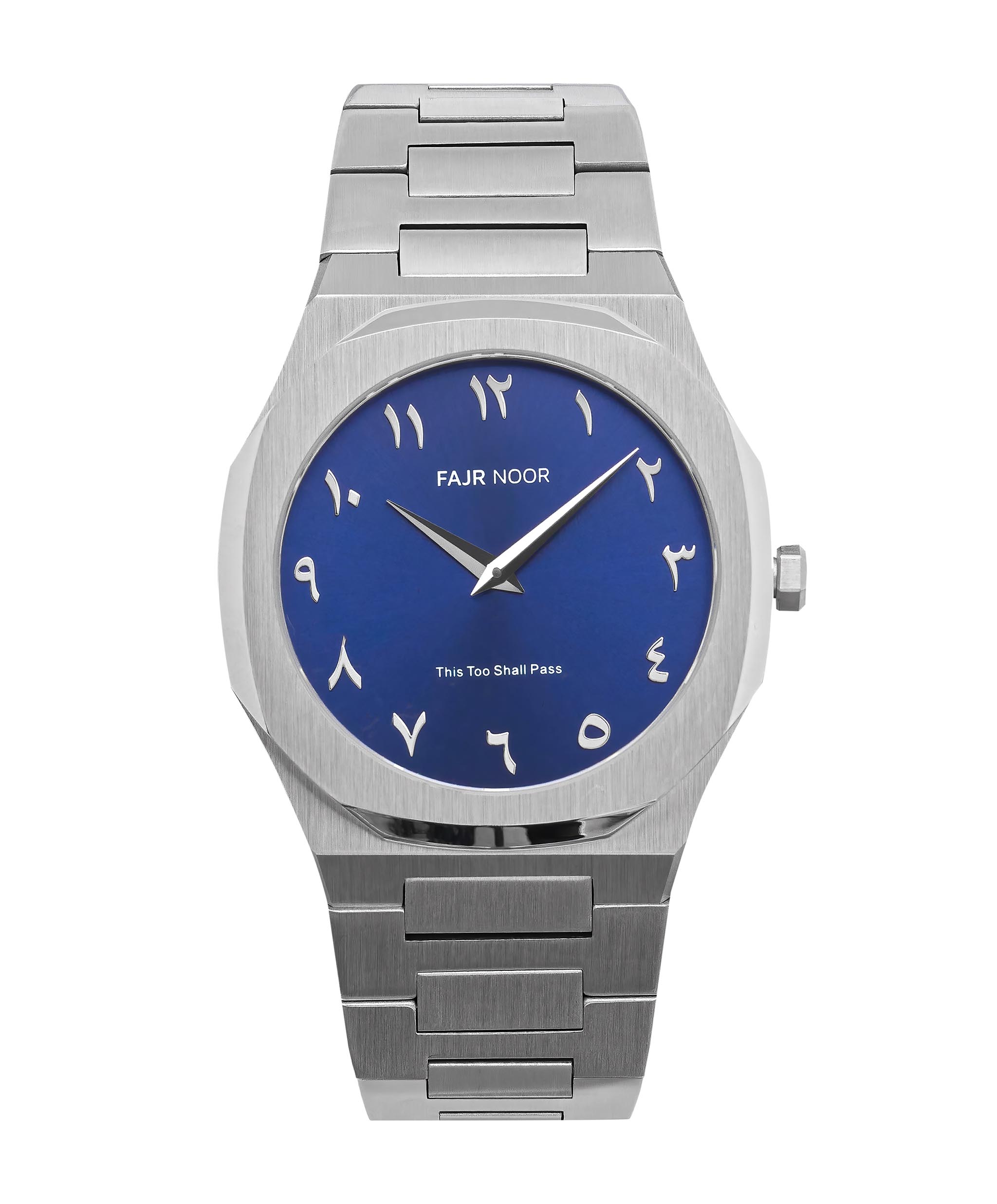 Silver watch with blue dial on a white background