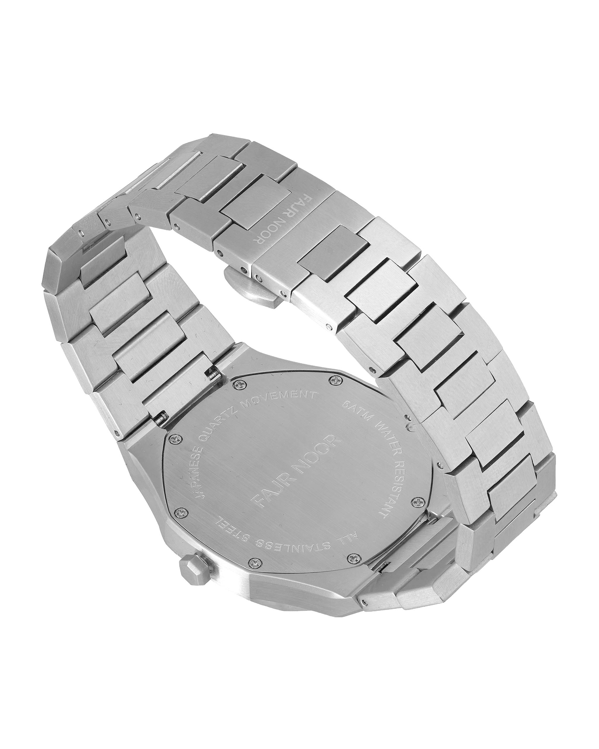 Silver watch with metal band on a white background