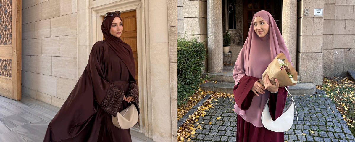 A side-by-side comparison of two women wearing modest clothing in outdoor stone courtyard settings. The left image shows a woman in a dusty pink hijab and deep burgundy dress holding a white handbag.
