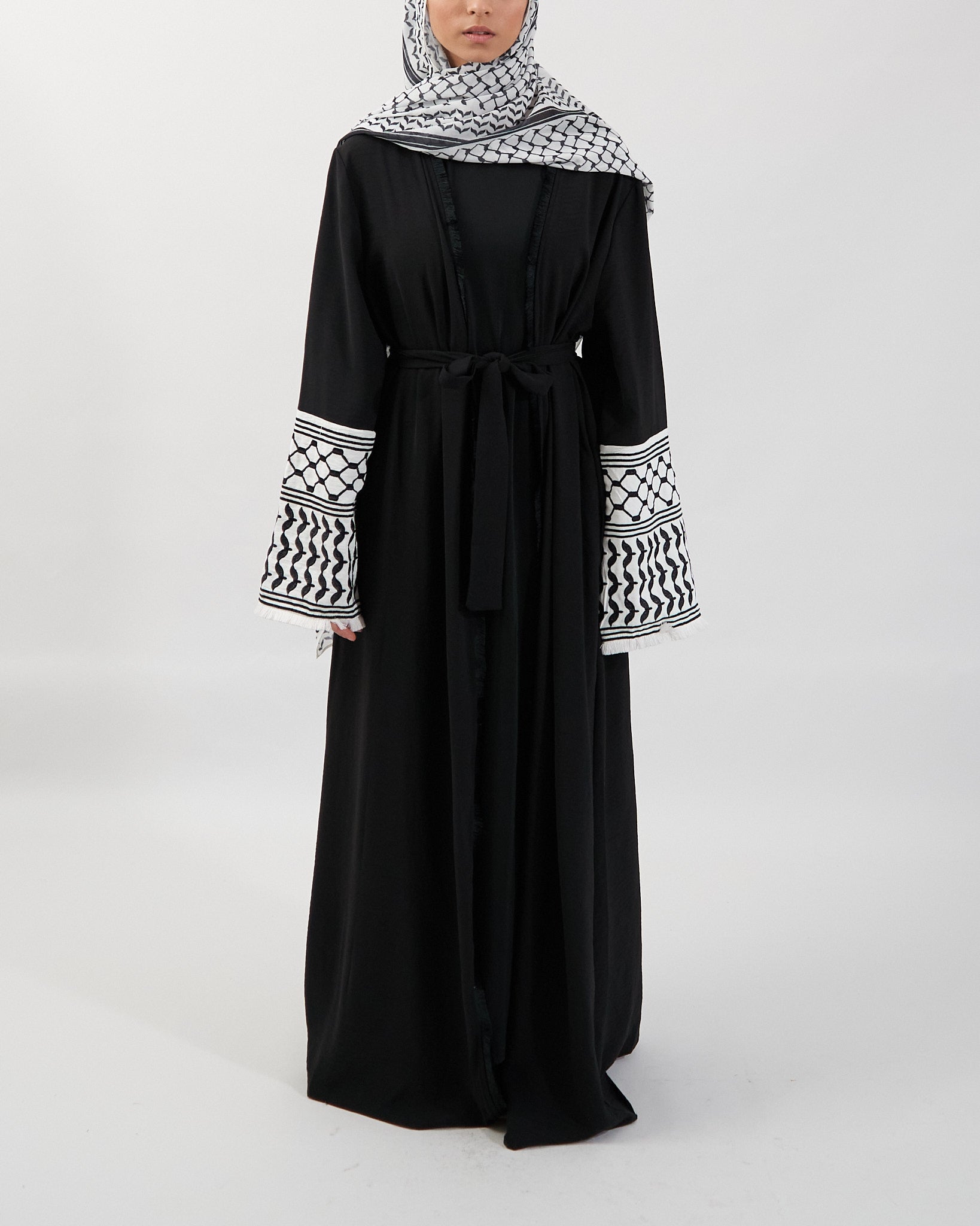 Keffiyeh Embroidered Abaya - Black Open Abaya Fajr Noor 