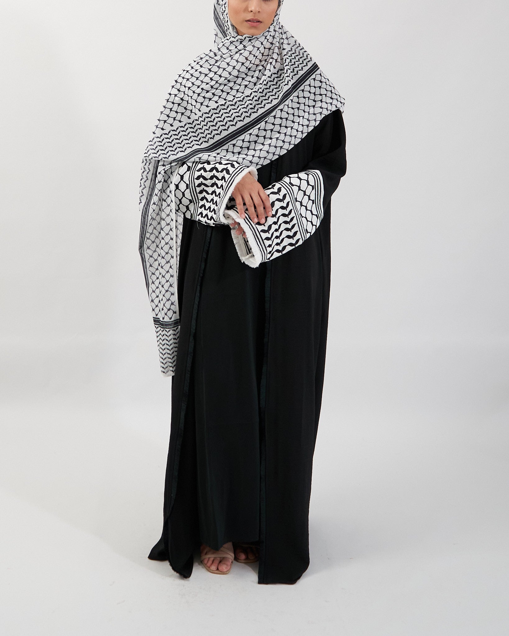 Keffiyeh Embroidered Abaya - Black Open Abaya Fajr Noor S