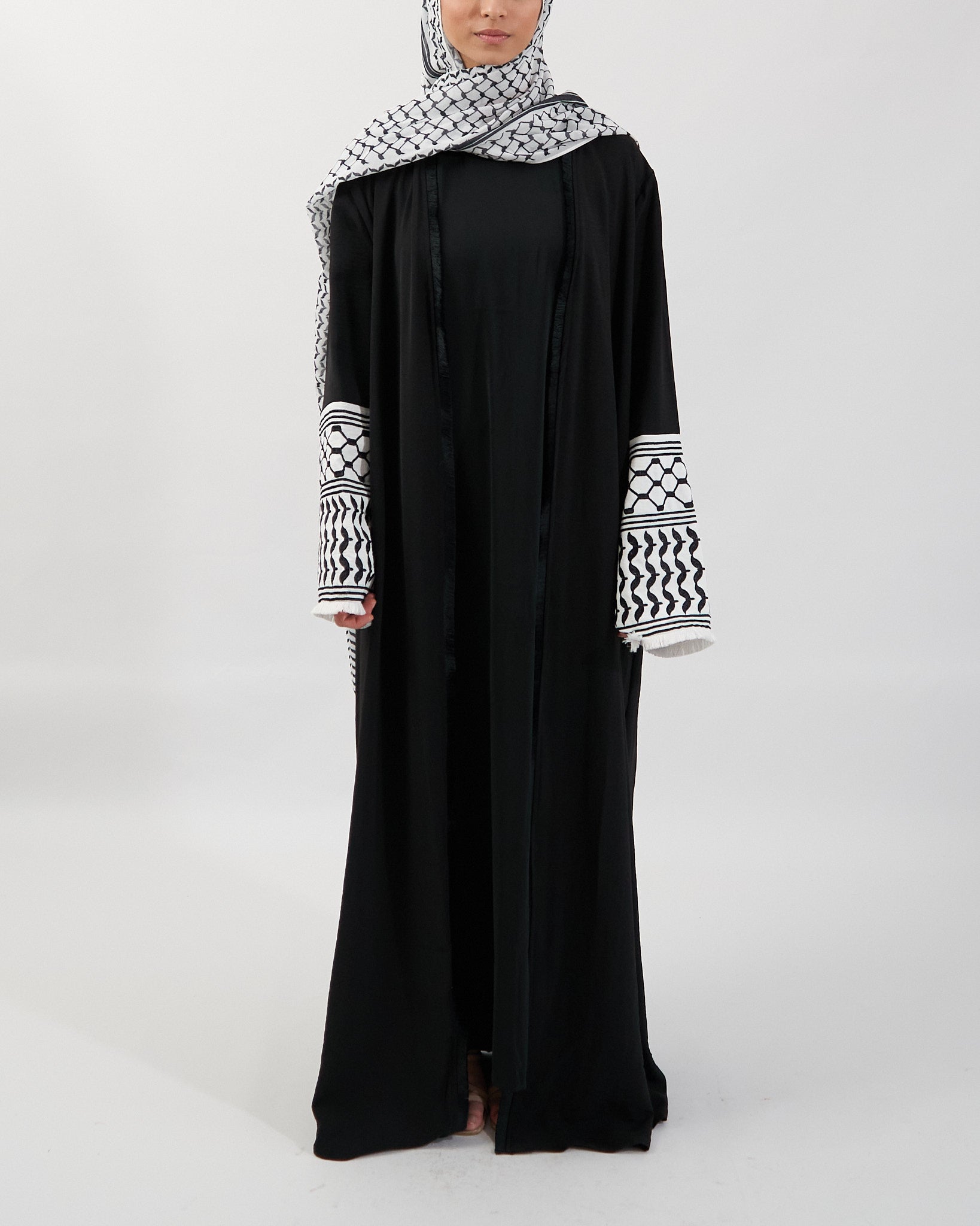 Keffiyeh Embroidered Abaya - Black Open Abaya Fajr Noor 