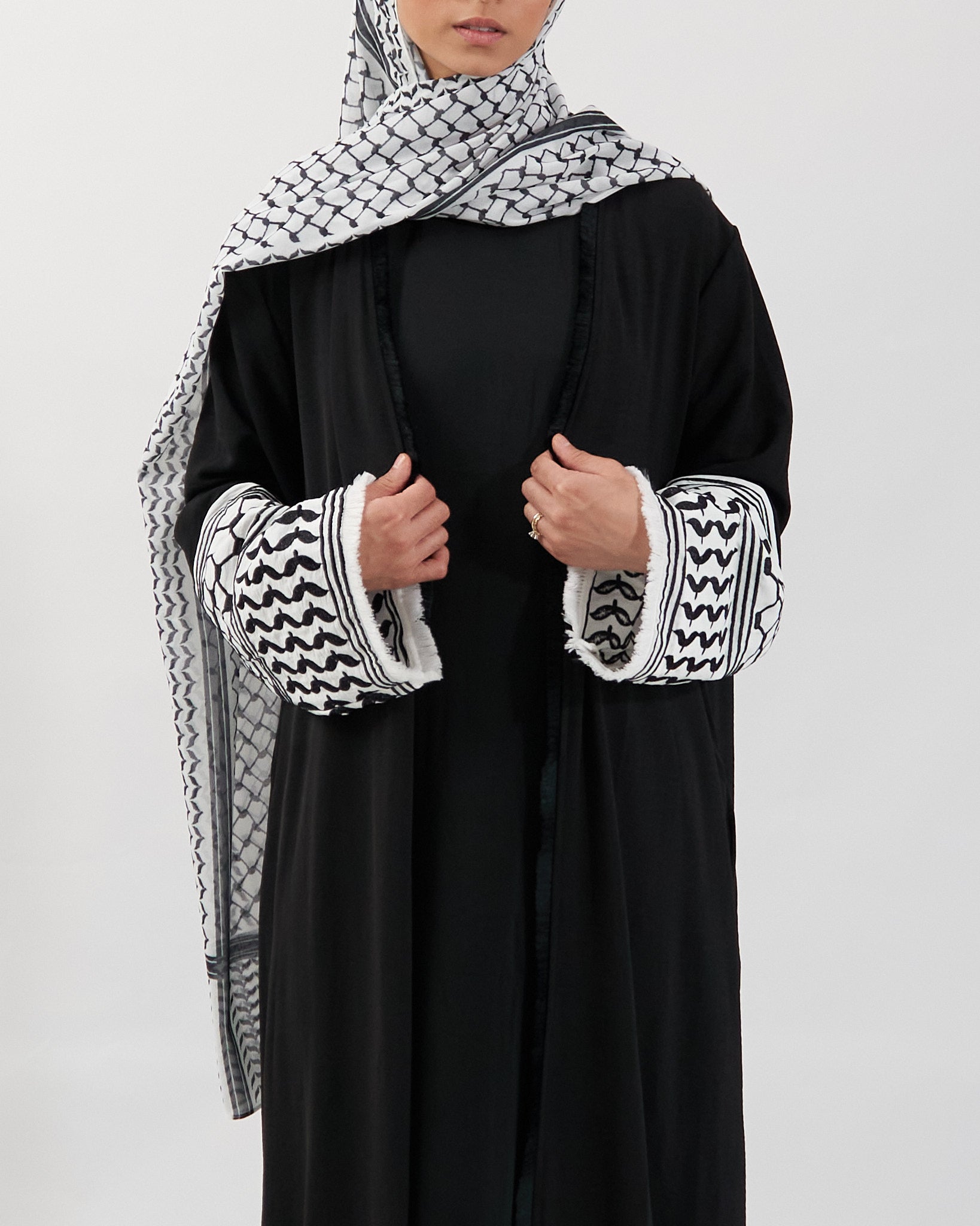 Keffiyeh Embroidered Abaya - Black Open Abaya Fajr Noor 