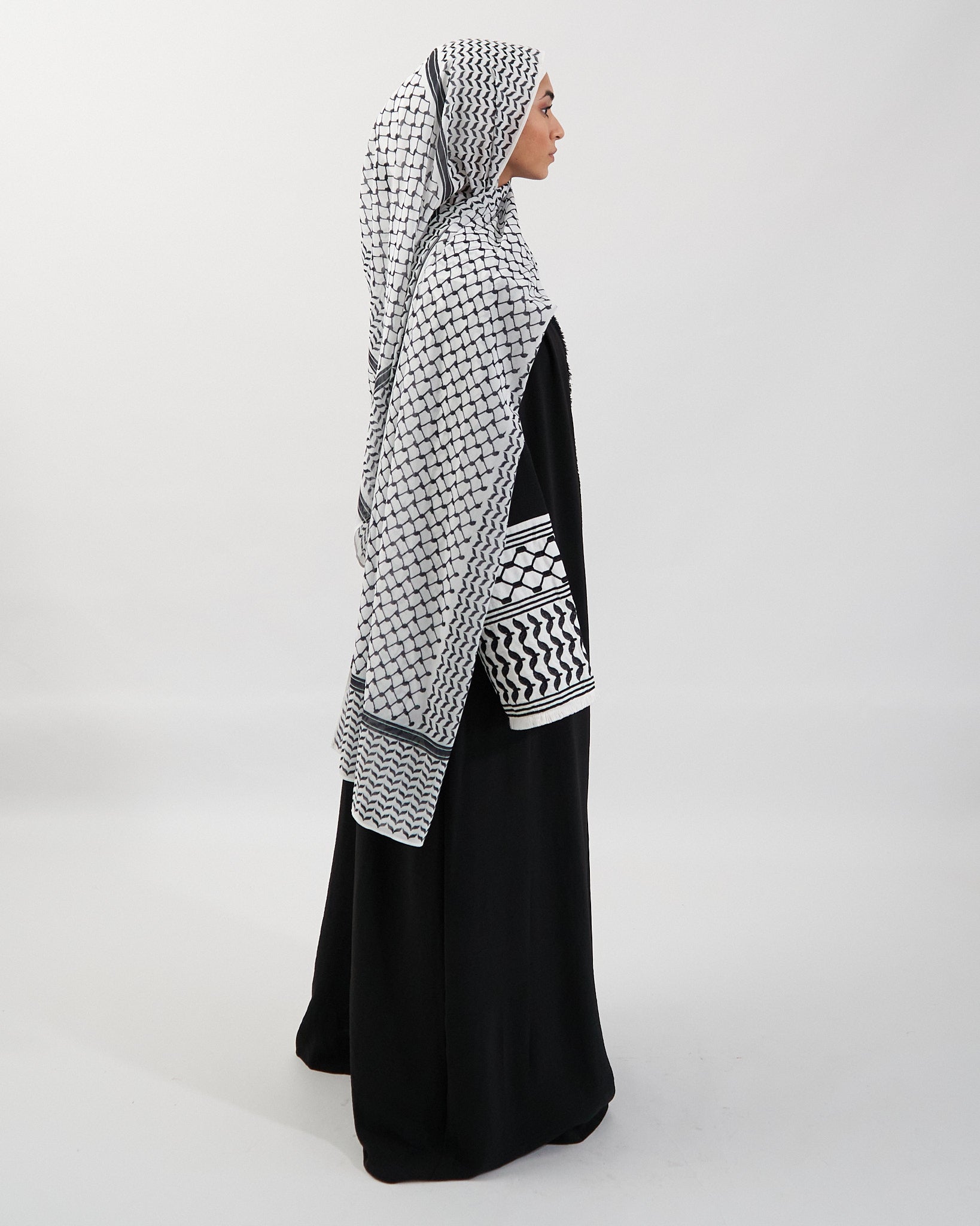 Keffiyeh Embroidered Abaya - Black Open Abaya Fajr Noor 