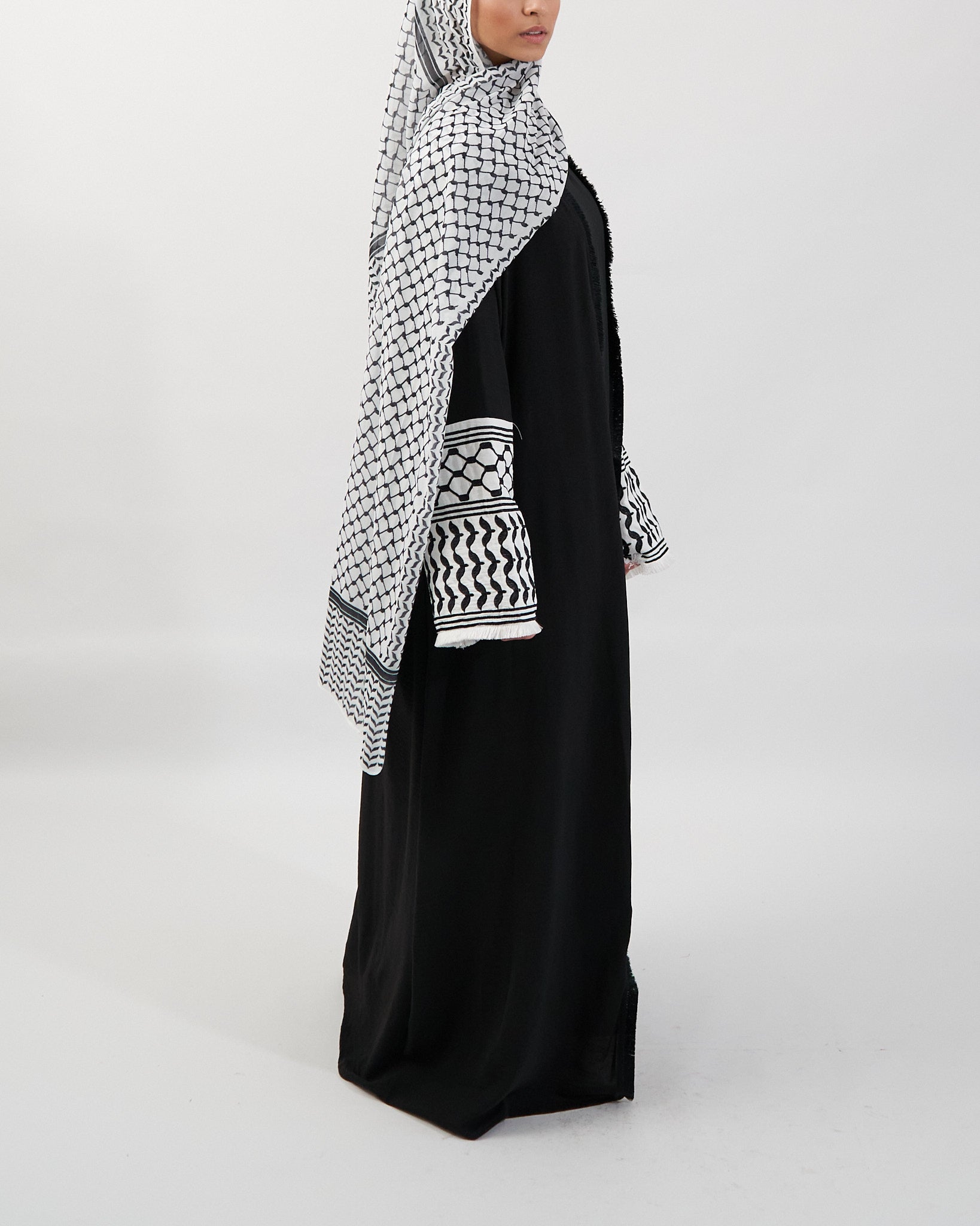 Keffiyeh Embroidered Abaya - Black Open Abaya Fajr Noor 