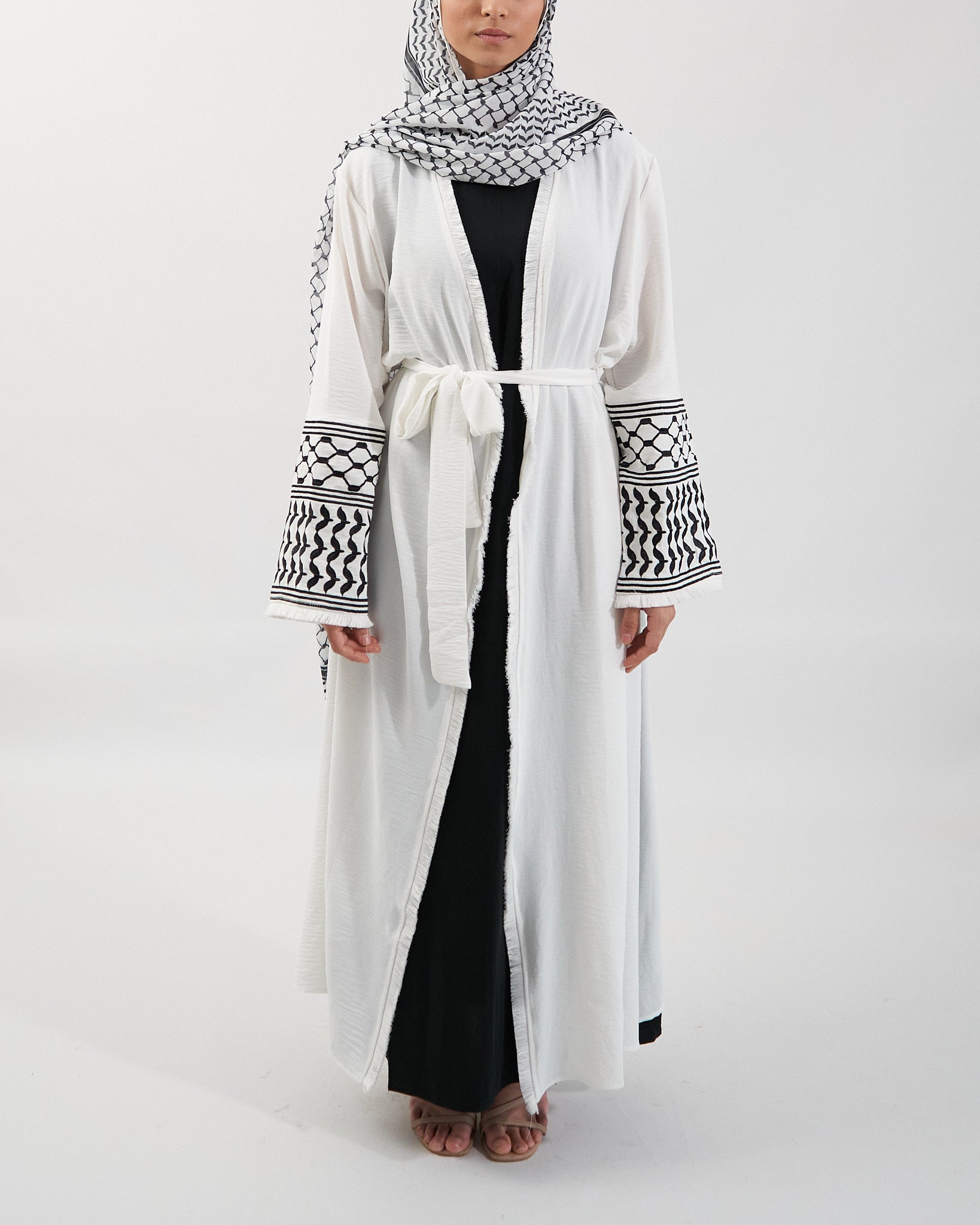 Keffiyeh Embroidered Abaya - White Open Abaya Fajr Noor 