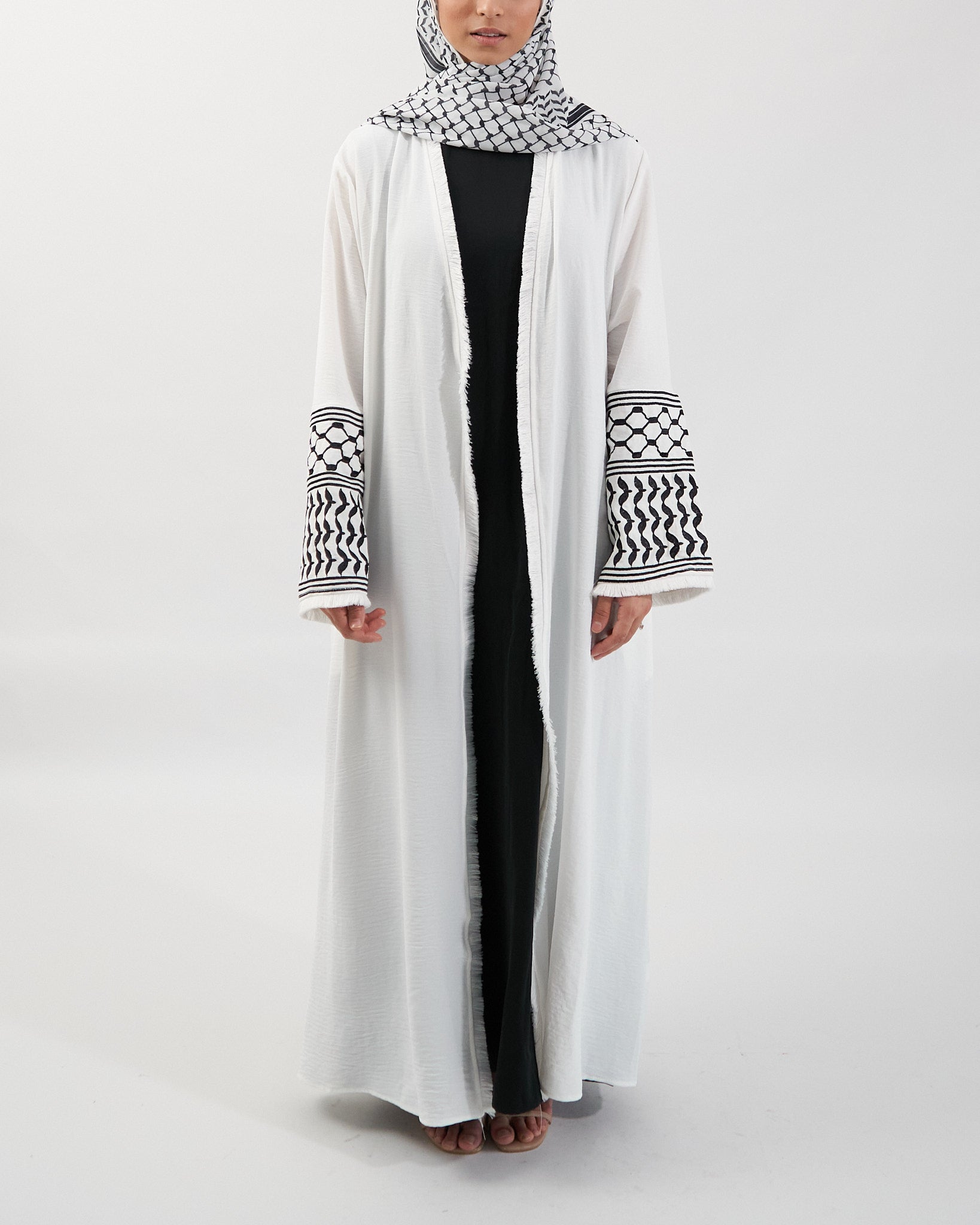 Keffiyeh Embroidered Abaya - White Open Abaya Fajr Noor 