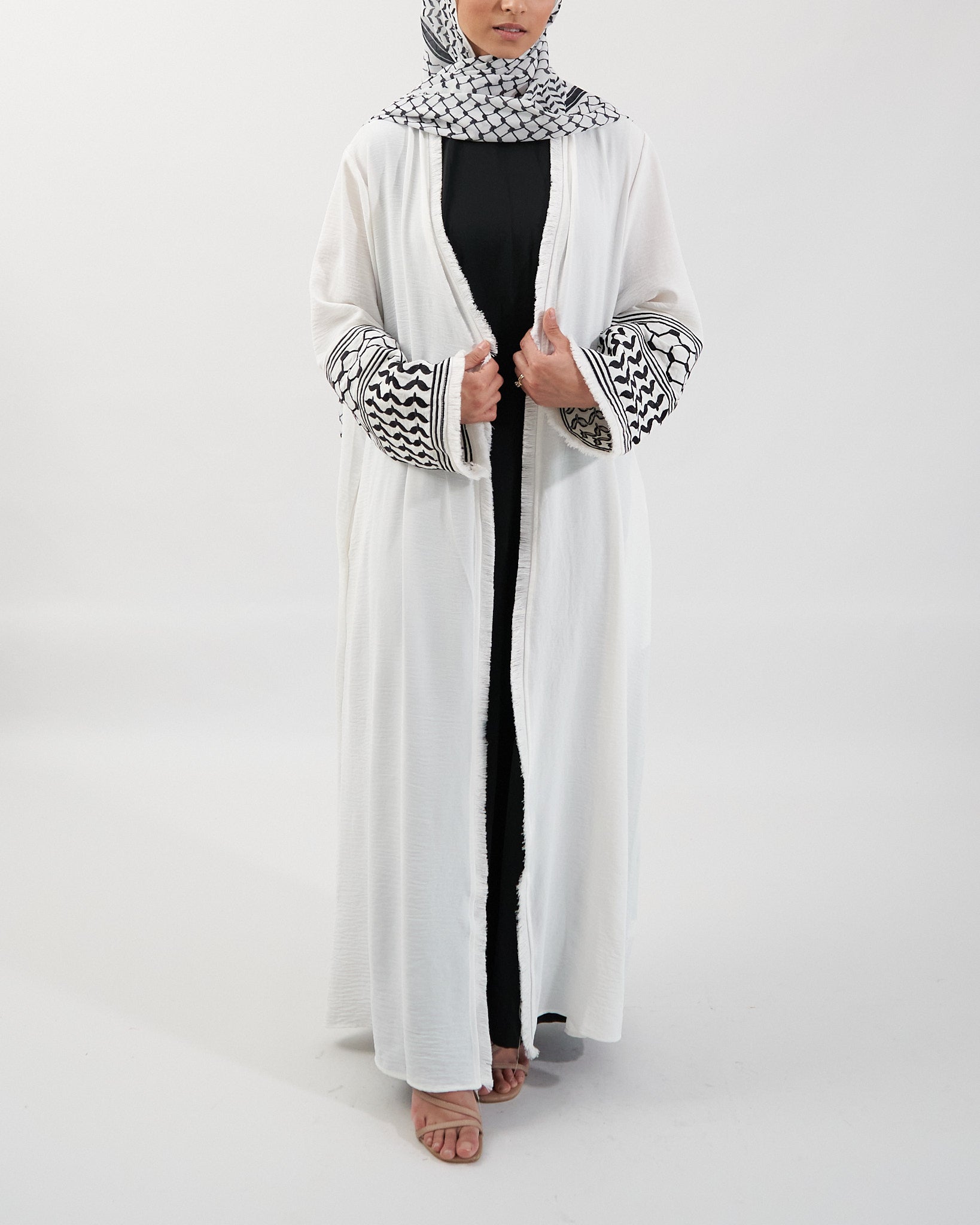 Keffiyeh Embroidered Abaya - White Open Abaya Fajr Noor 