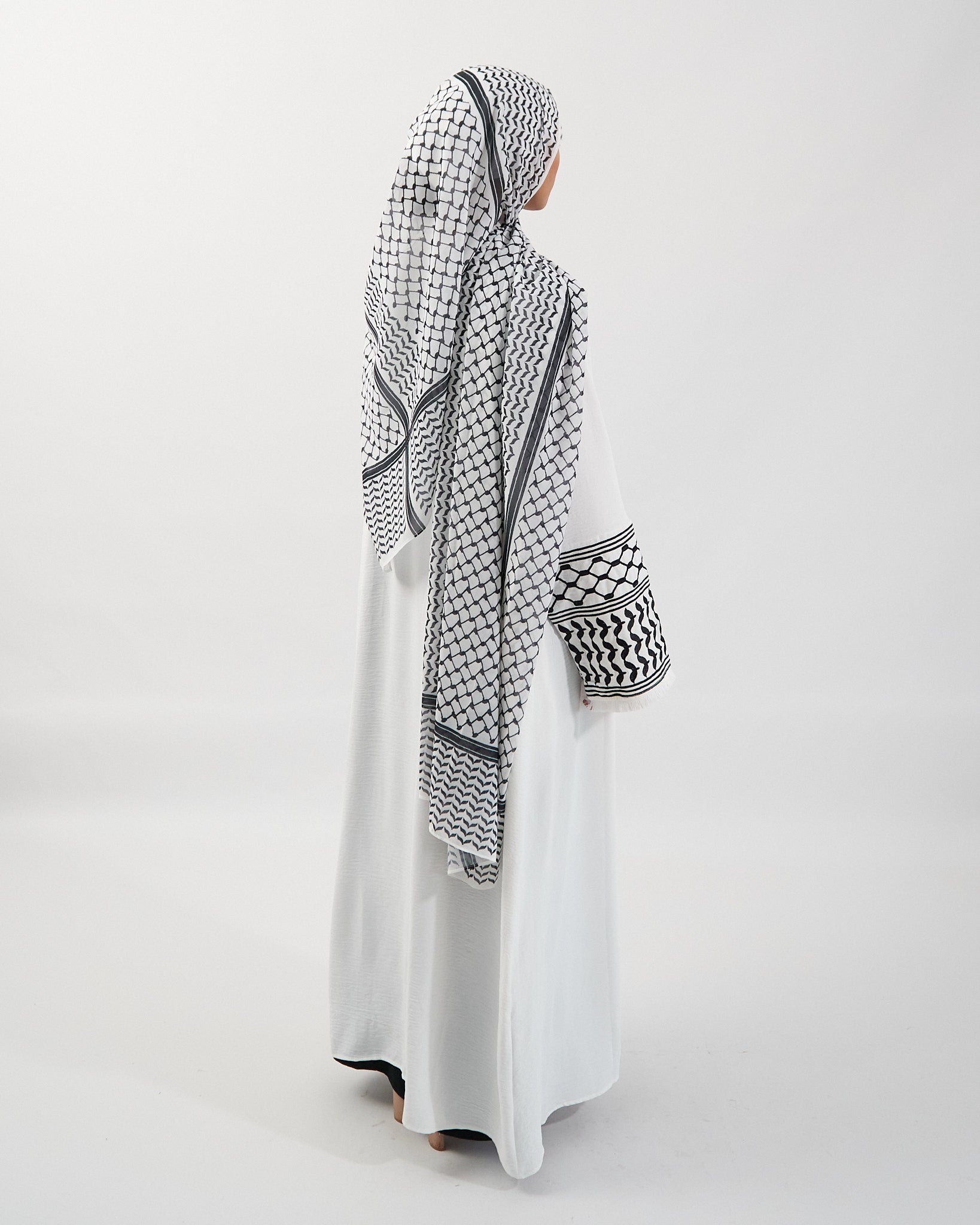 Keffiyeh Embroidered Abaya - White Open Abaya Fajr Noor 