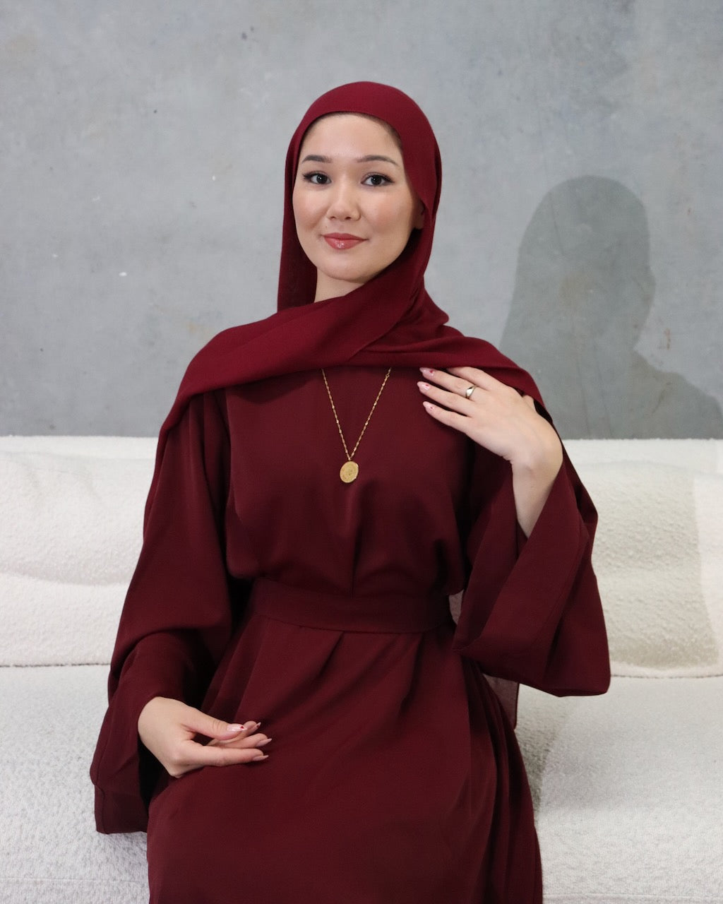Red Dress - Closed Maroon Abaya - Fajr Noor Australia