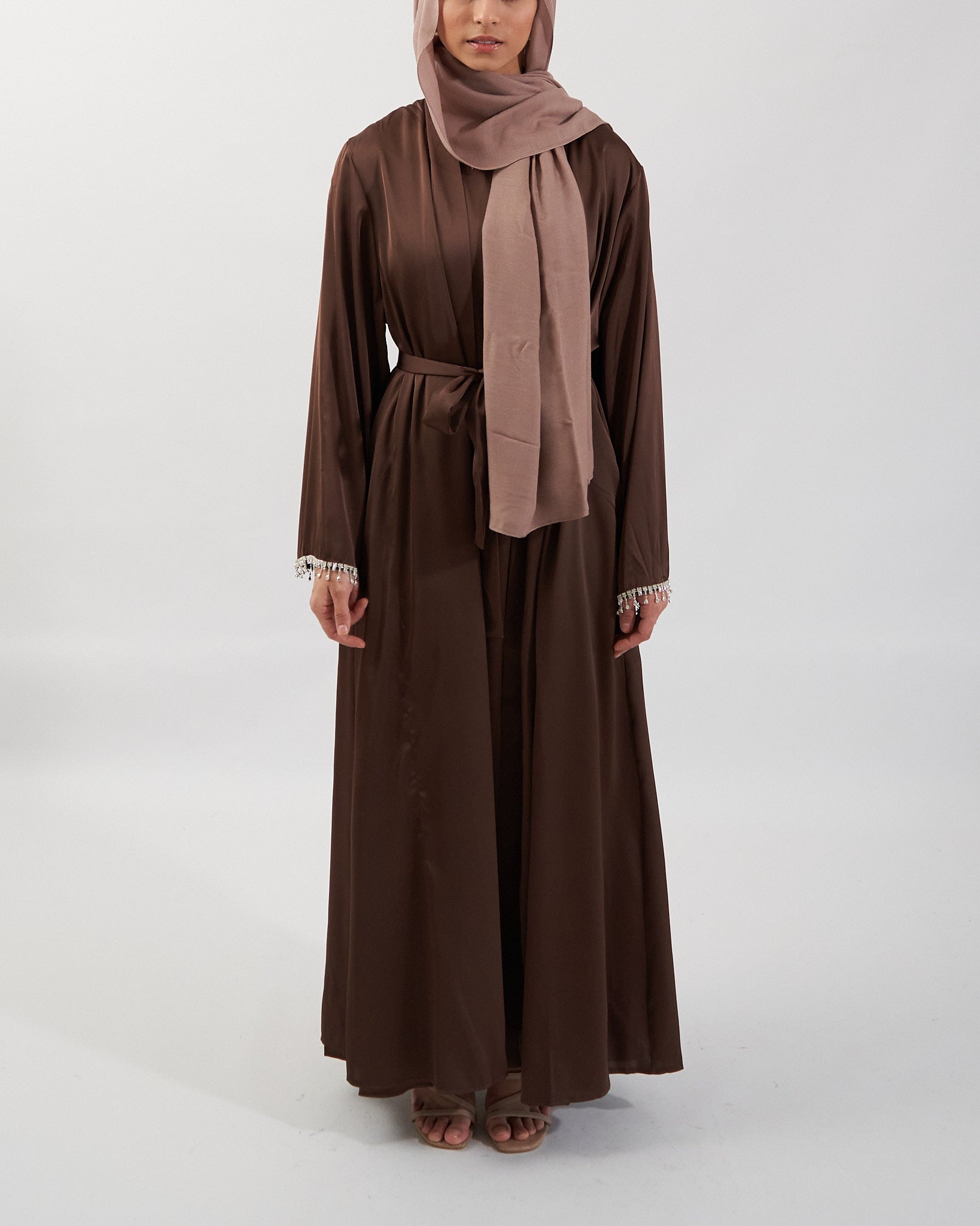 2PC Malika Satin Abaya Set - Coffee Satin Abaya Fajr Noor 