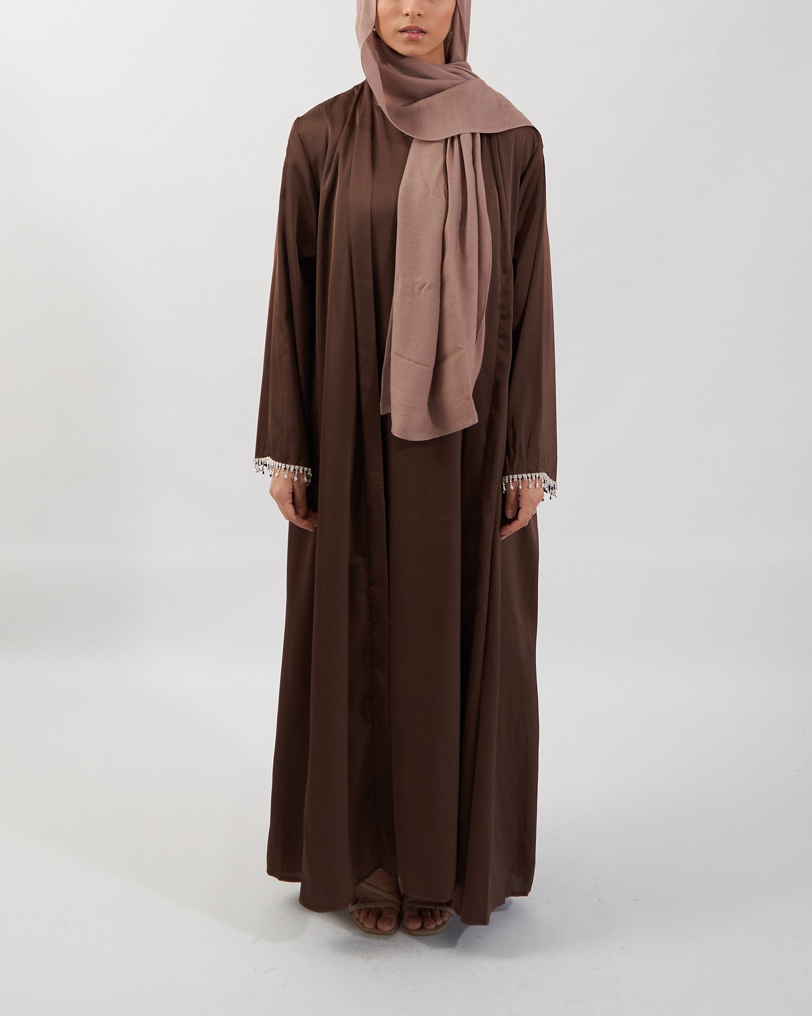 2PC Malika Satin Abaya Set - Coffee Satin Abaya Fajr Noor 