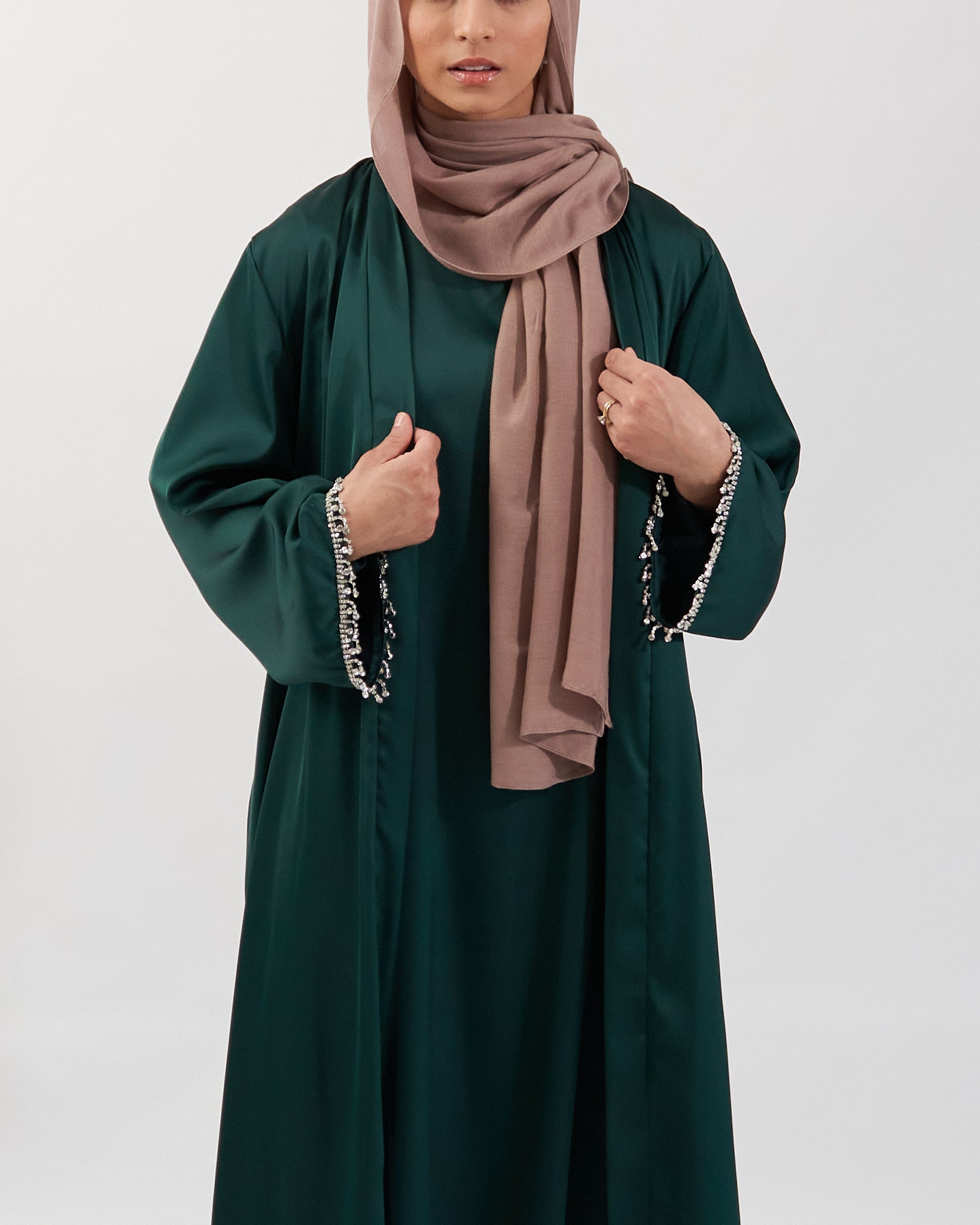 2PC Malika Satin Abaya Set - Emerald Satin Abaya Fajr Noor 