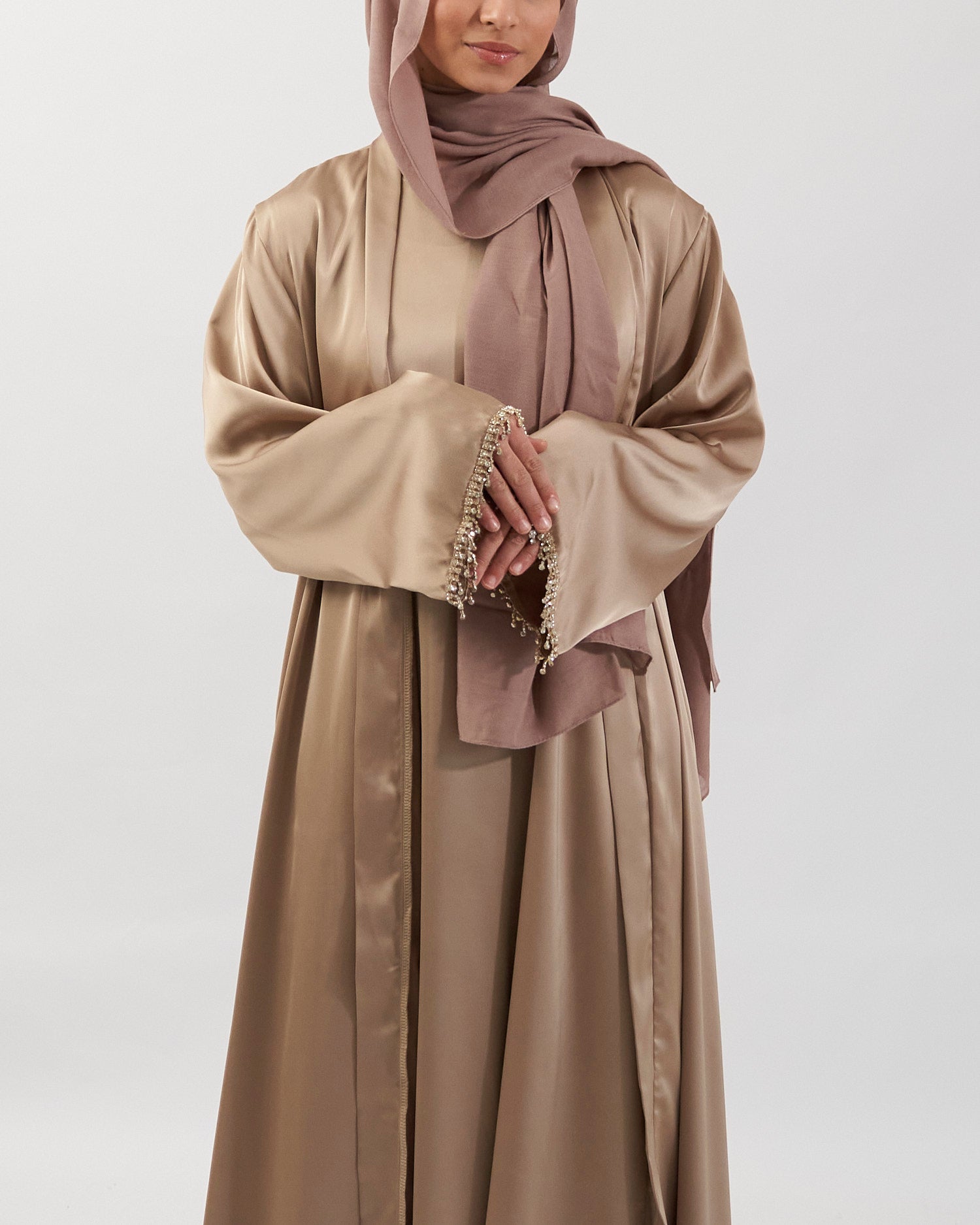 2PC Malika Satin Abaya Set - Gold Satin Abaya Fajr Noor 