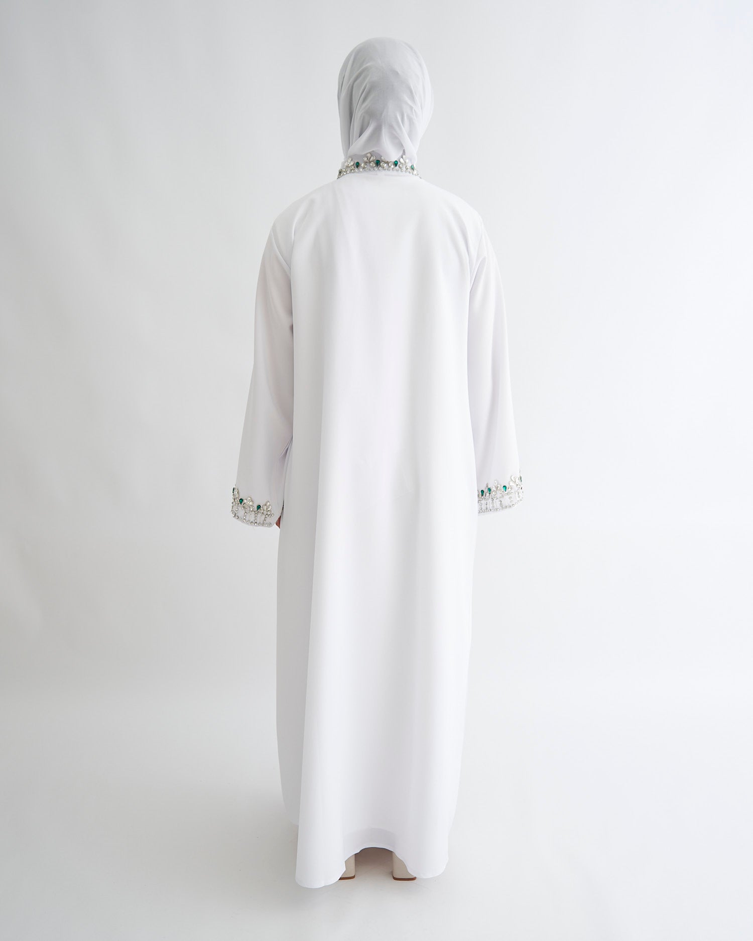 White Nikkah Abaya with Emerald Gems