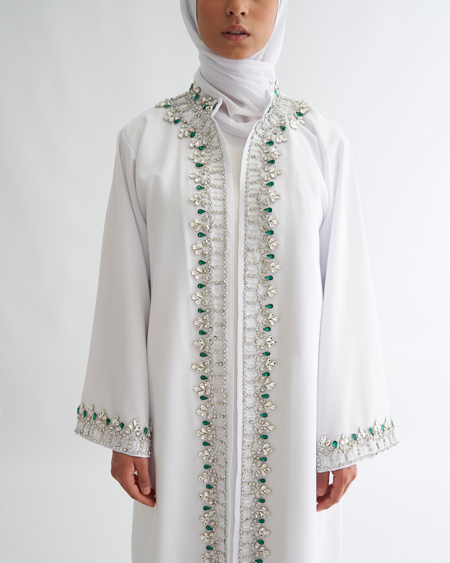 White Nikkah Abaya with Emerald Gems