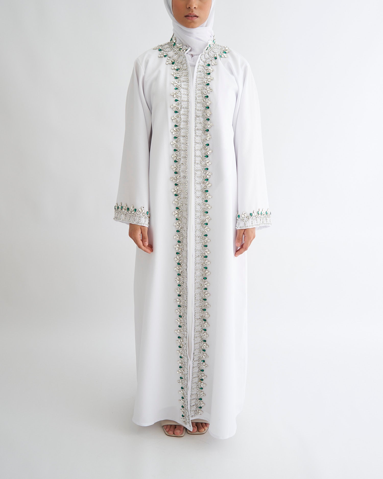 White Nikkah Abaya with Emerald Gems