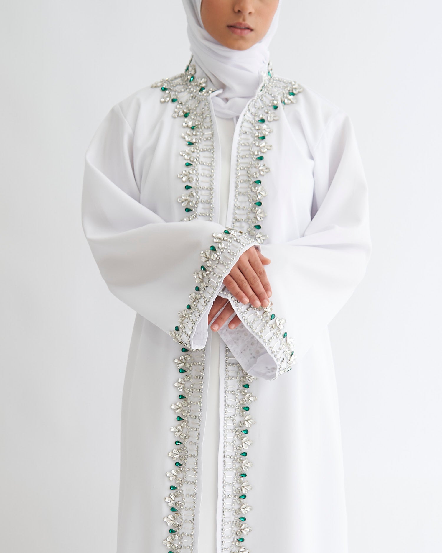 White Nikkah Abaya with Emerald Gems