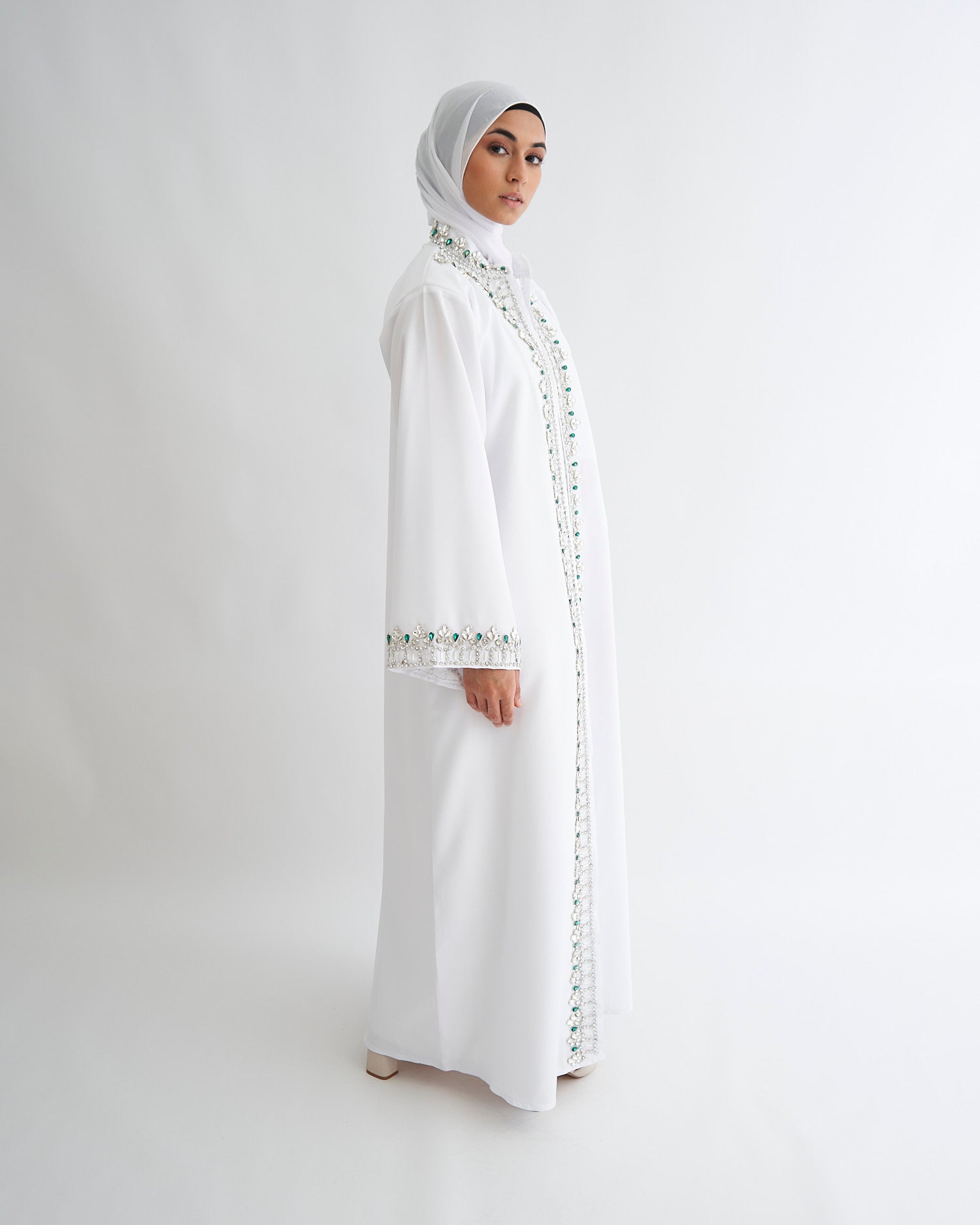 White Nikkah Abaya with Emerald Gems