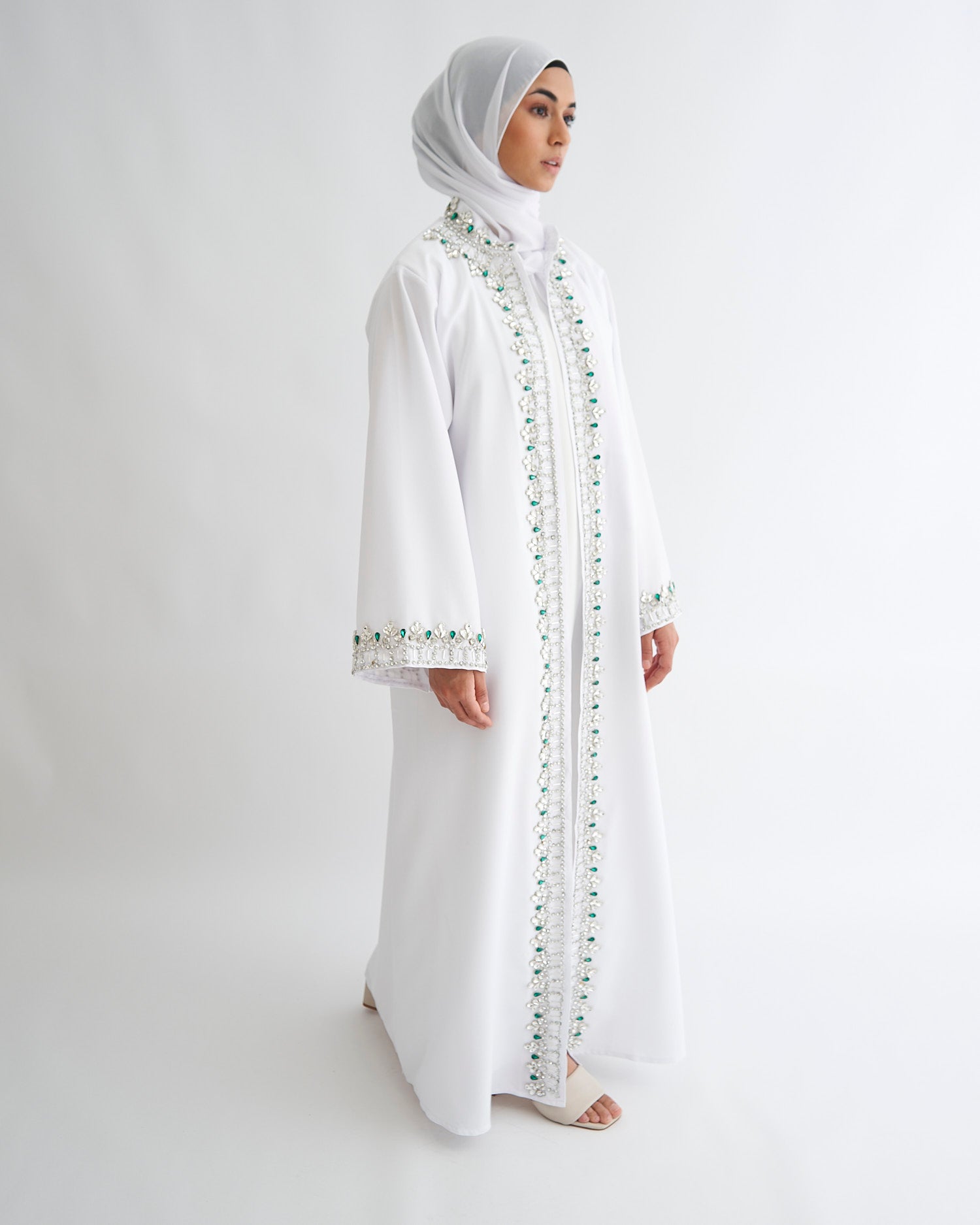 White Nikkah Abaya with Emerald Gems