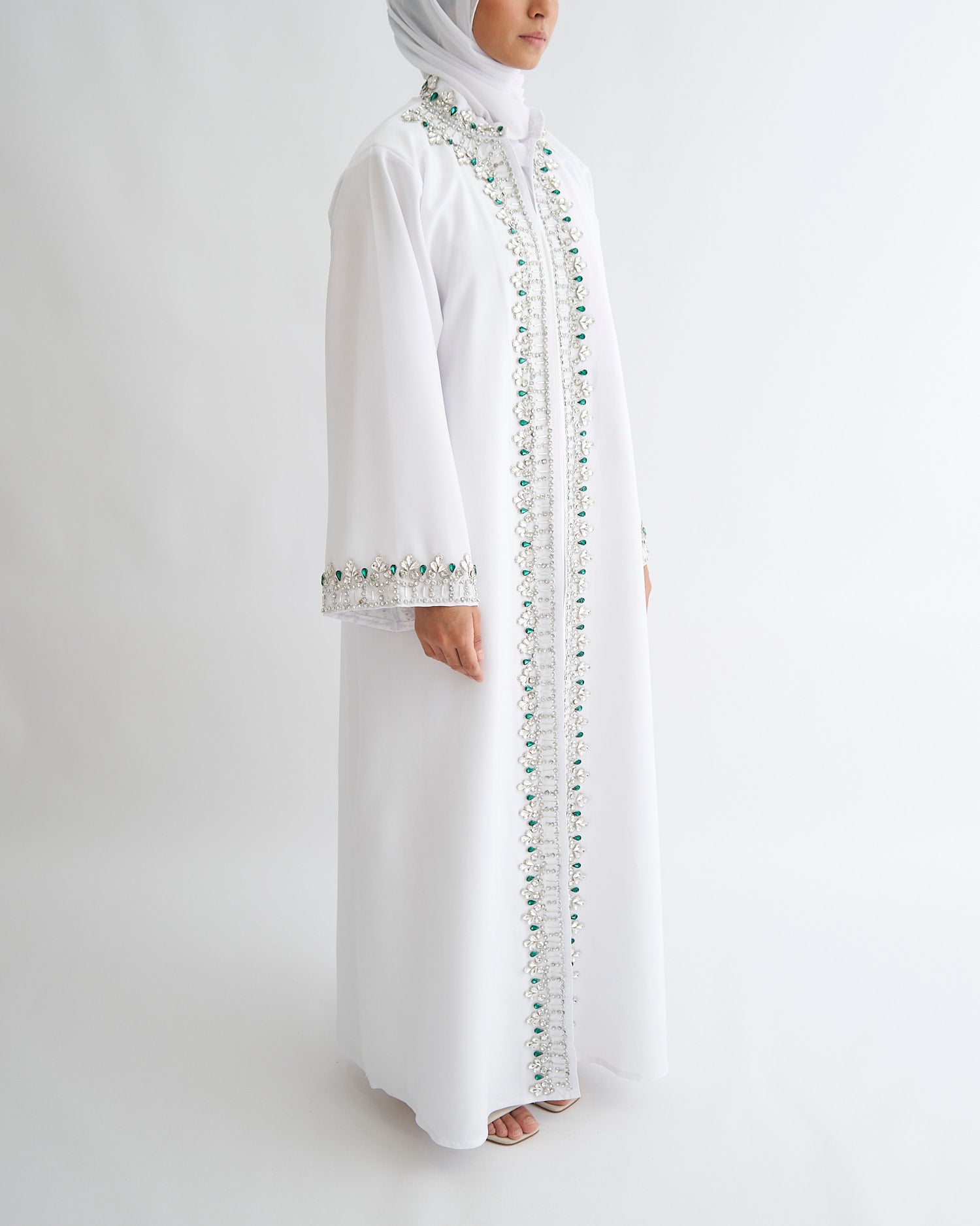 White Nikkah Abaya with Emerald Gems