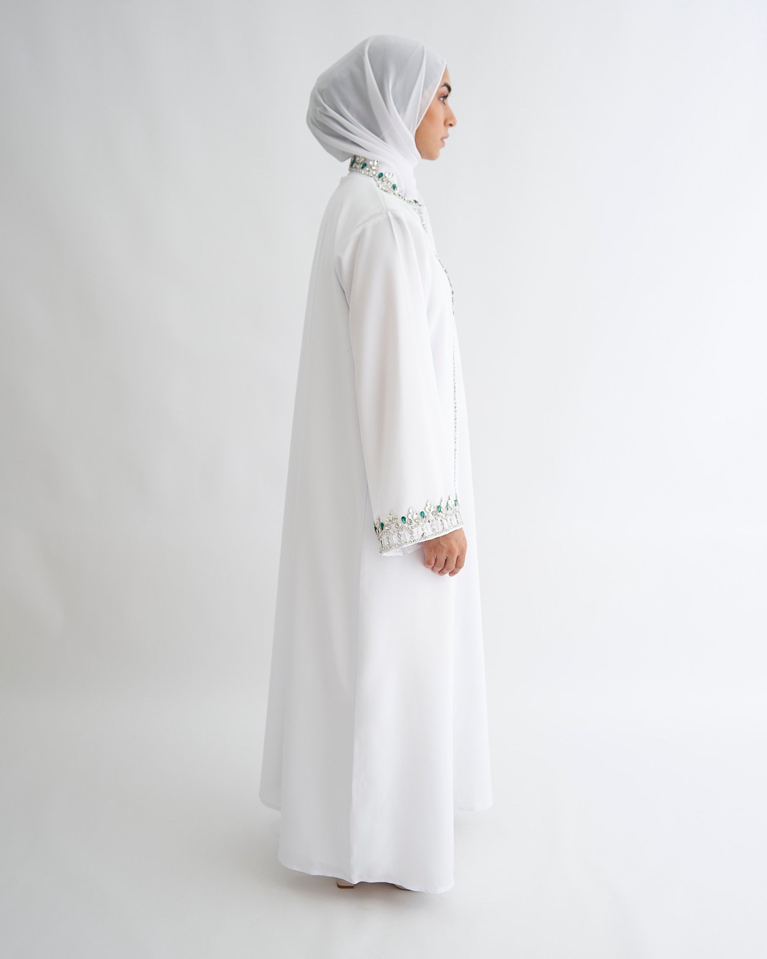 White Nikkah Abaya with Emerald Gems