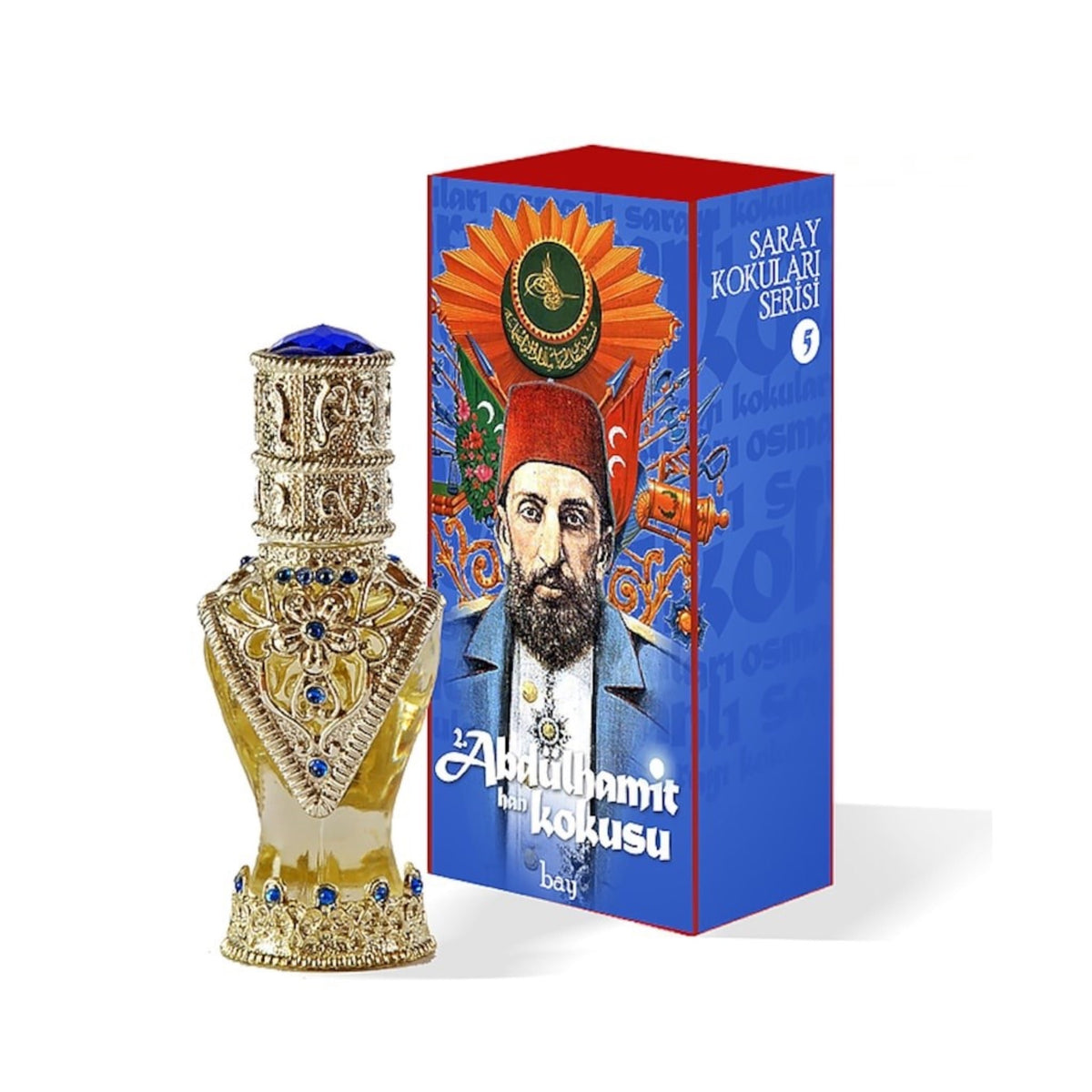 Decorative perfume bottle with intricate designs next to its colorful packaging featuring a portrait.
