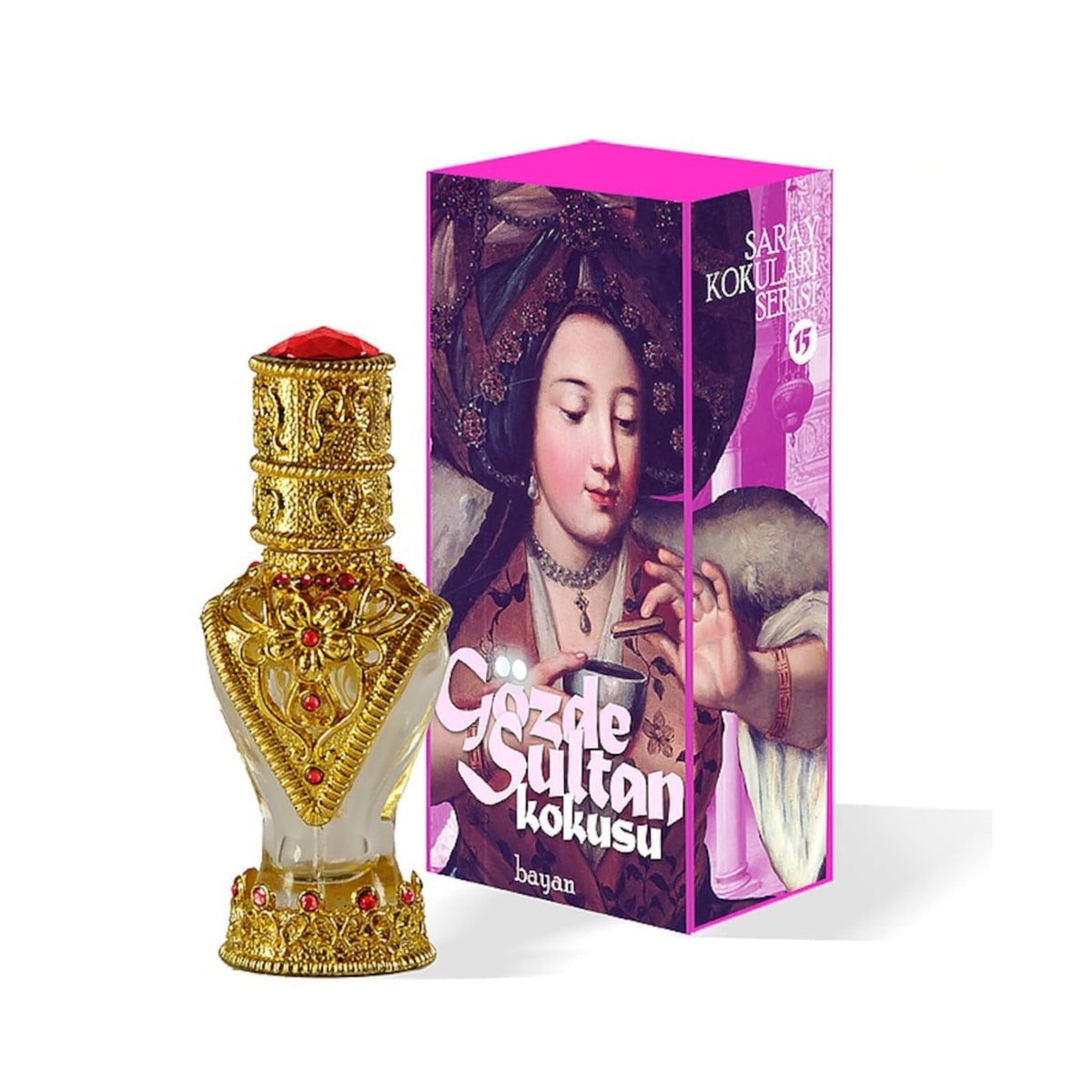 Decorative perfume bottle with intricate gold detailing and a matching box featuring an image of a woman.