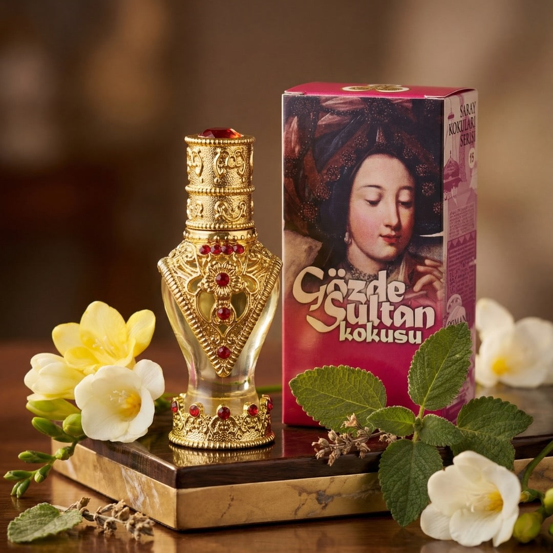 A decorative gold perfume bottle with red gemstone accents stands beside its pink retail box labeled 'Güede Sultan Kokusu.' The scene is styled on a marble board with flowers and green leaves against a softly blurred warm brown background.