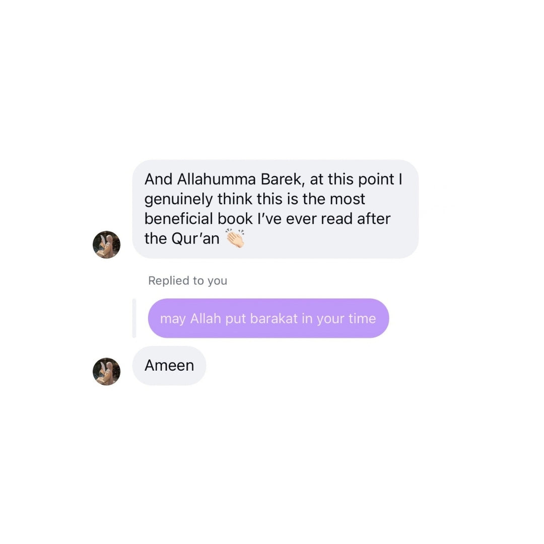 A screenshot of a digital text message conversation on a plain white background. The top message is a gray bubble containing English text about a book, followed by a gray 'Replied to you' label and a purple bubble with the text 'may Allah put barakat in your time'.