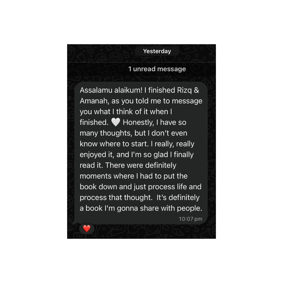 A digital mockup of a mobile messaging screen showing a text message sent yesterday. The message is an Urdu and English book review letter from author Rizq to his wife Amanah, displayed on a dark gray phone interface with a black background.
