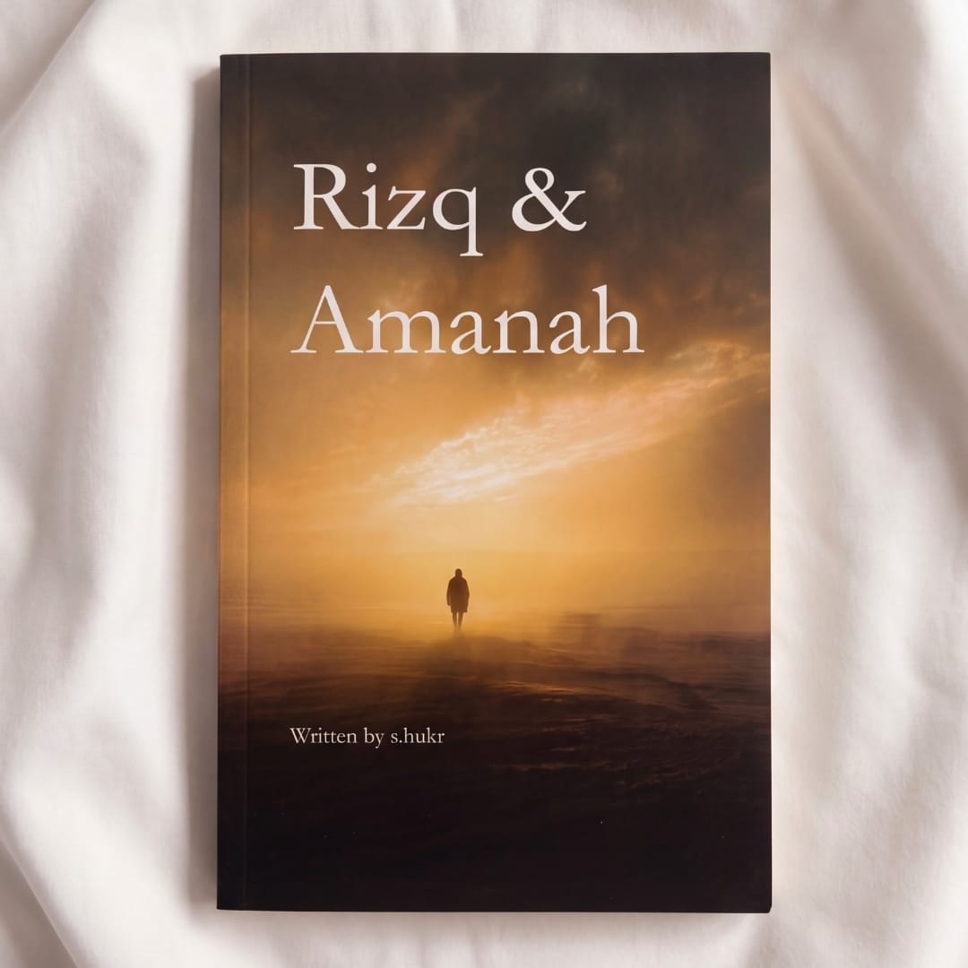 A hardcover book titled 'Rizq & Amanah' by s.hukr, featuring a cover with a golden sunrise or sunset scene and a small silhouetted figure, photographed on white fabric.