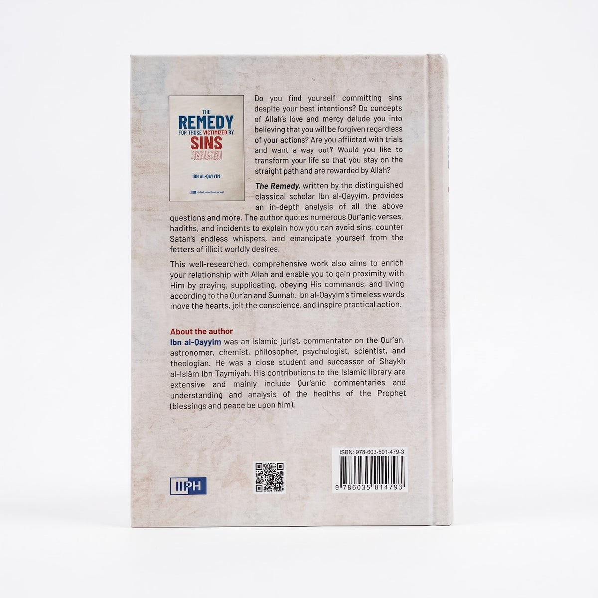 The back cover of a book titled 'The Remedy for Sins' by Ibn al-Qayyim, featuring a textured off-white background with black text, a white title block, and a small blue and red publisher logo at the bottom.