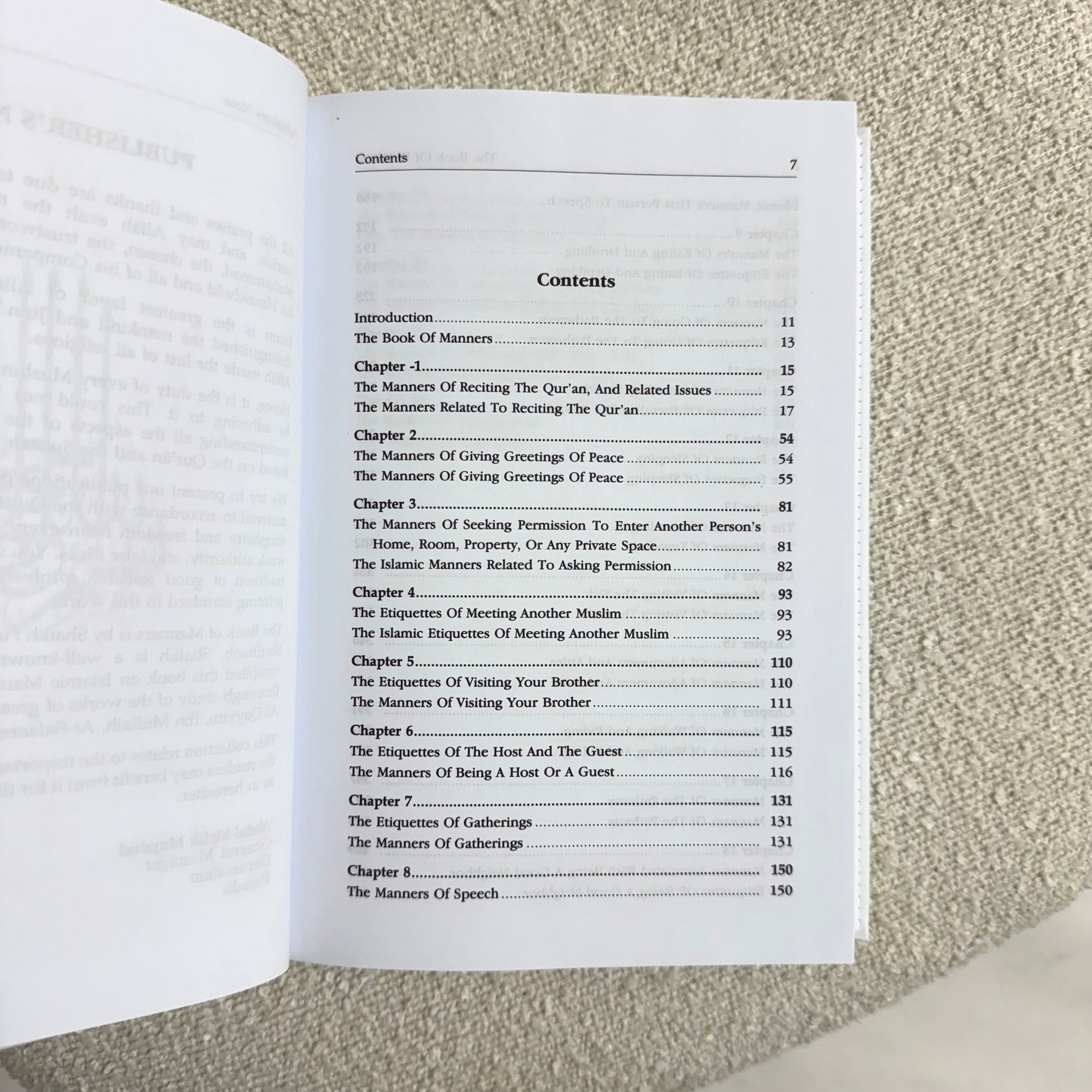 Table of contents page of a book on a textured surface