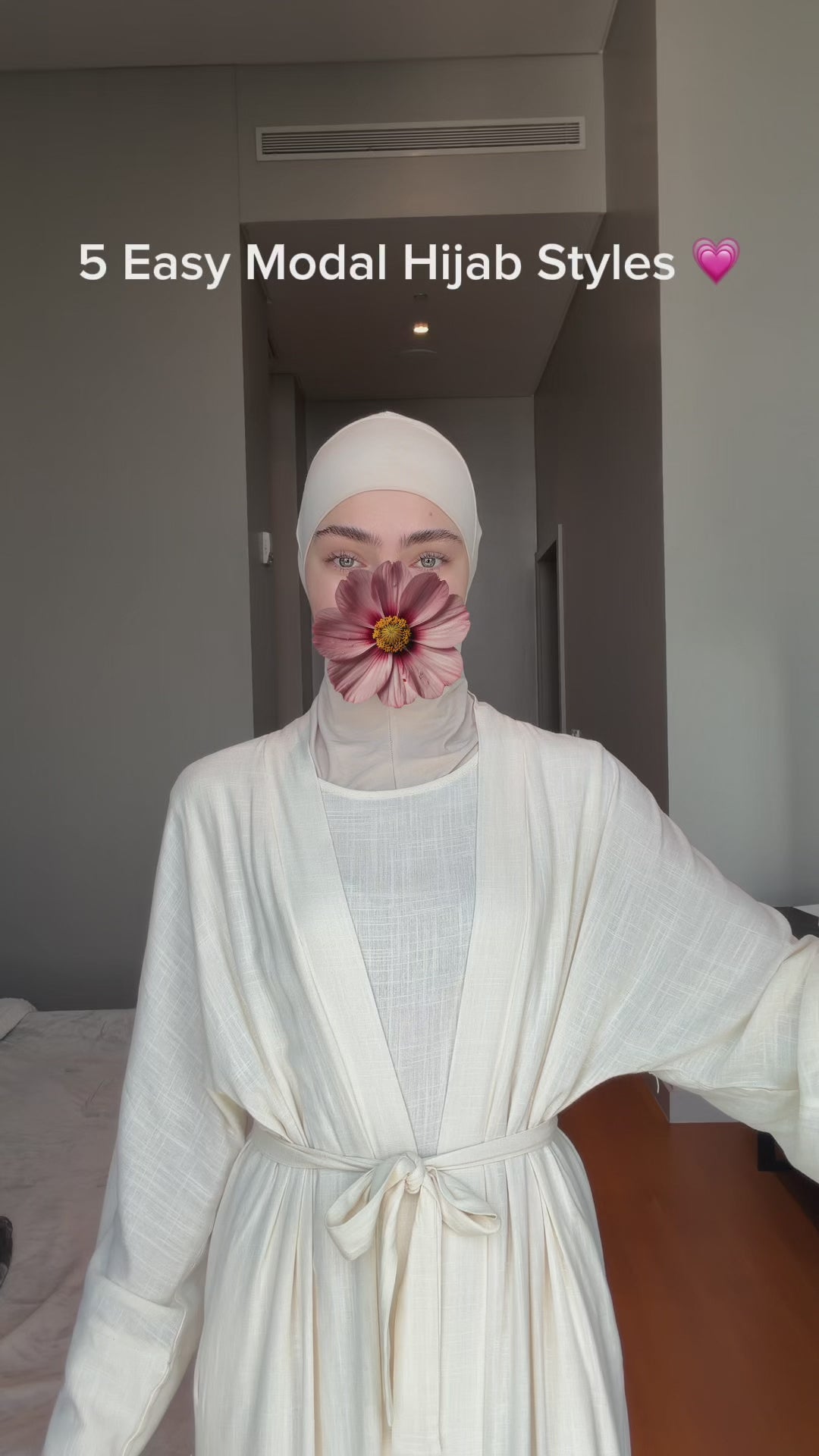 Tutorial video showing 5 easy ways to style a white Fajr Noor premium modal hijab